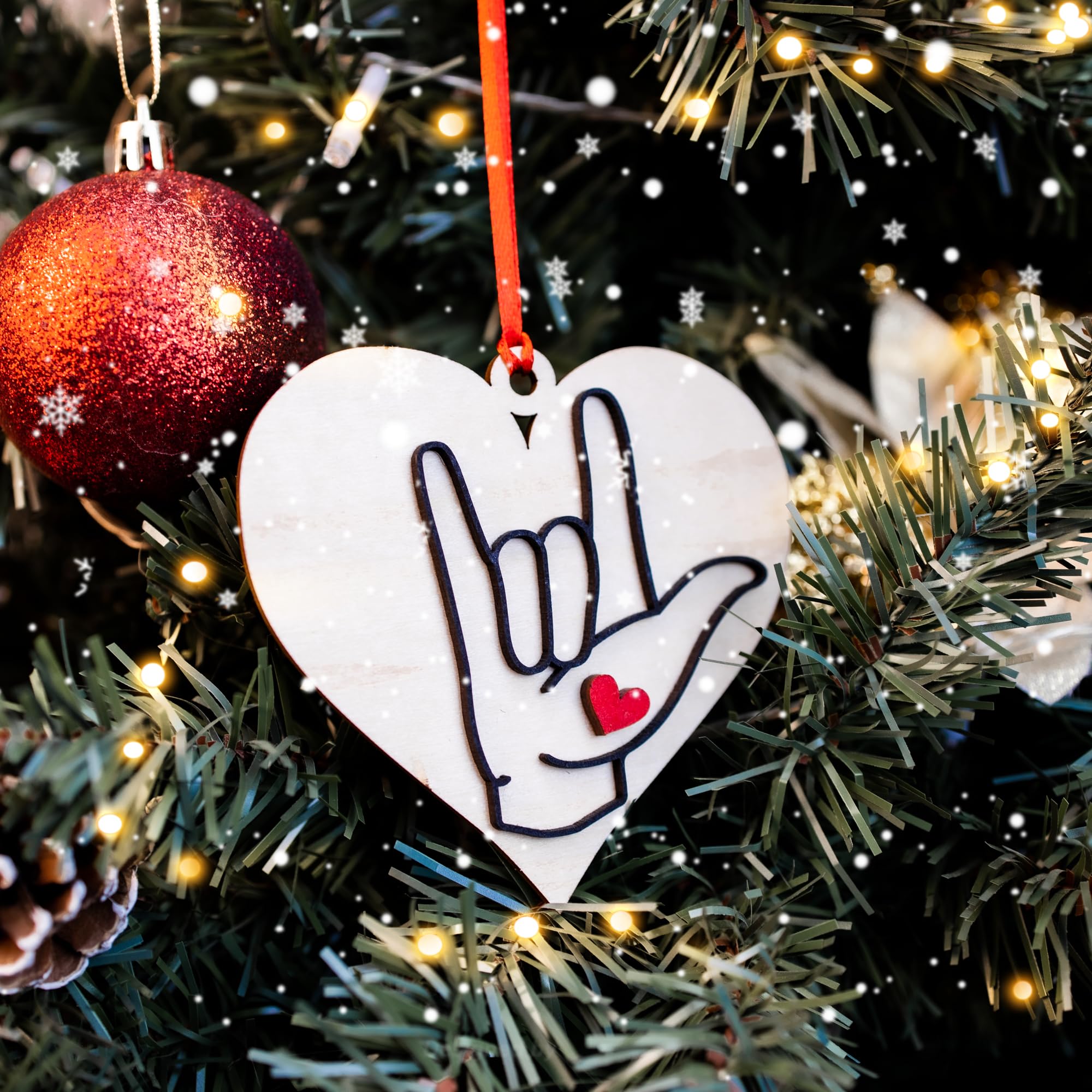 Wooden Christmas Ornaments Sign Language Ornament, I Love You Heart, Christmas Ornament, American Sign Gift (LSO25)