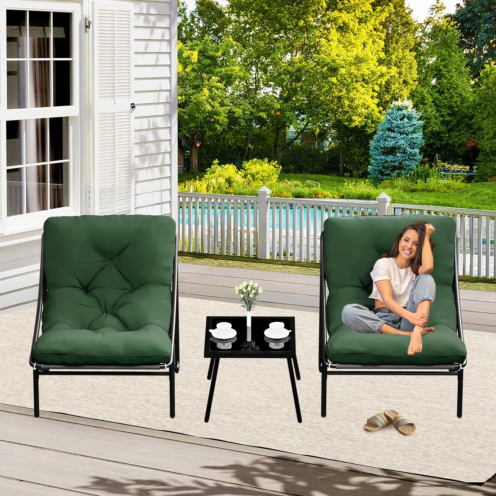BalkonmöBel Set 3 Teilig, Gartenmöbel Set, Balkonmöbel Kleiner Balkon, Balcony Furniture mit Glastisch & Stahlgestell, Balkon Set 2 Personen, Garden Furniture Sets für Hof, Terrasse, Innen (Grün) Garten