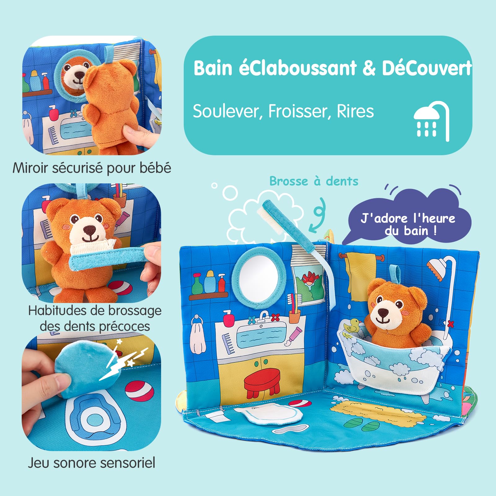 hahaland Livre Tissu Bebe Eveil 1 an - Livres activite sensoriel tactiles Bebes, Jouets Tissu Temps sur Ventre de 6 9 12 18 Mois, Livre interactif bébés 6-12 Mois, Cadeau garçon Fille Enfant 1 an