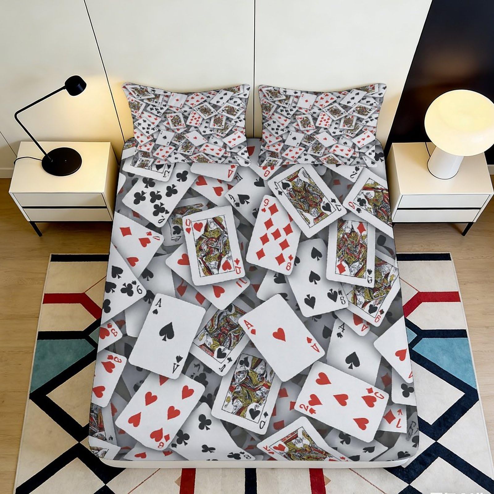 3D Printed Playing Cards Fitted Sheet Microfiber Soft Durable 3D Printed Poker Mattress Cover for Bedroom Dormitory Guest Room Mattress Protection 90x200x25cm