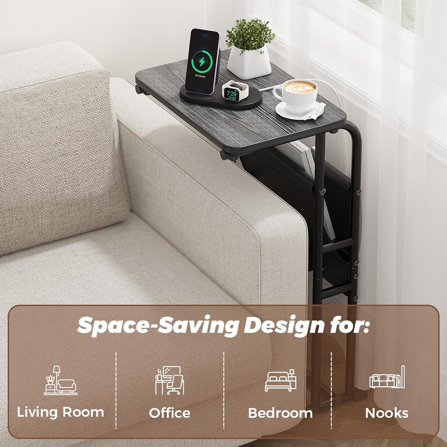 Olldide C Shaped End Table with Charging Station, Side Table for Living Room Bedroom, Slide Under Couch Sofa TV Trays Desk, Small Narrow Space Applicable, Black