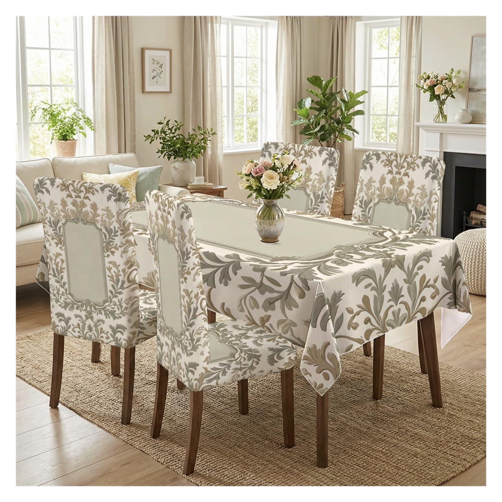 BOSUYBN Neutral Tone Damask Dining Chair Covers & Tablecloth Set, 5/7 Piece Elegant Symmetrical Gold Floral Slipcover For Minimal Refined Home Decor Table Setting(5pcs Set: Tablecloth+Chair Covers)