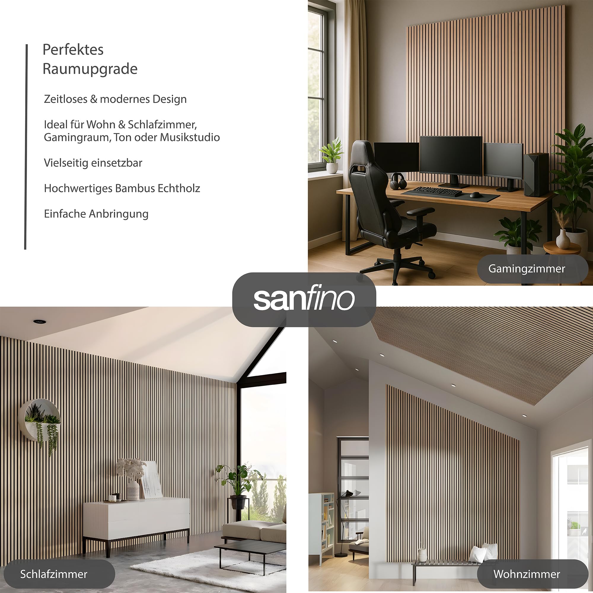 Bambus Akustikpaneele 240x60 Echtholz OHNE Furnier (2 Stk./2,88m²) – 2,2cm hohe 3D Wandpaneele mit schwarzem Filz – Schallschutz Klasse A – Wandverkleidung innen für Wohnzimmer, Studio & Büro