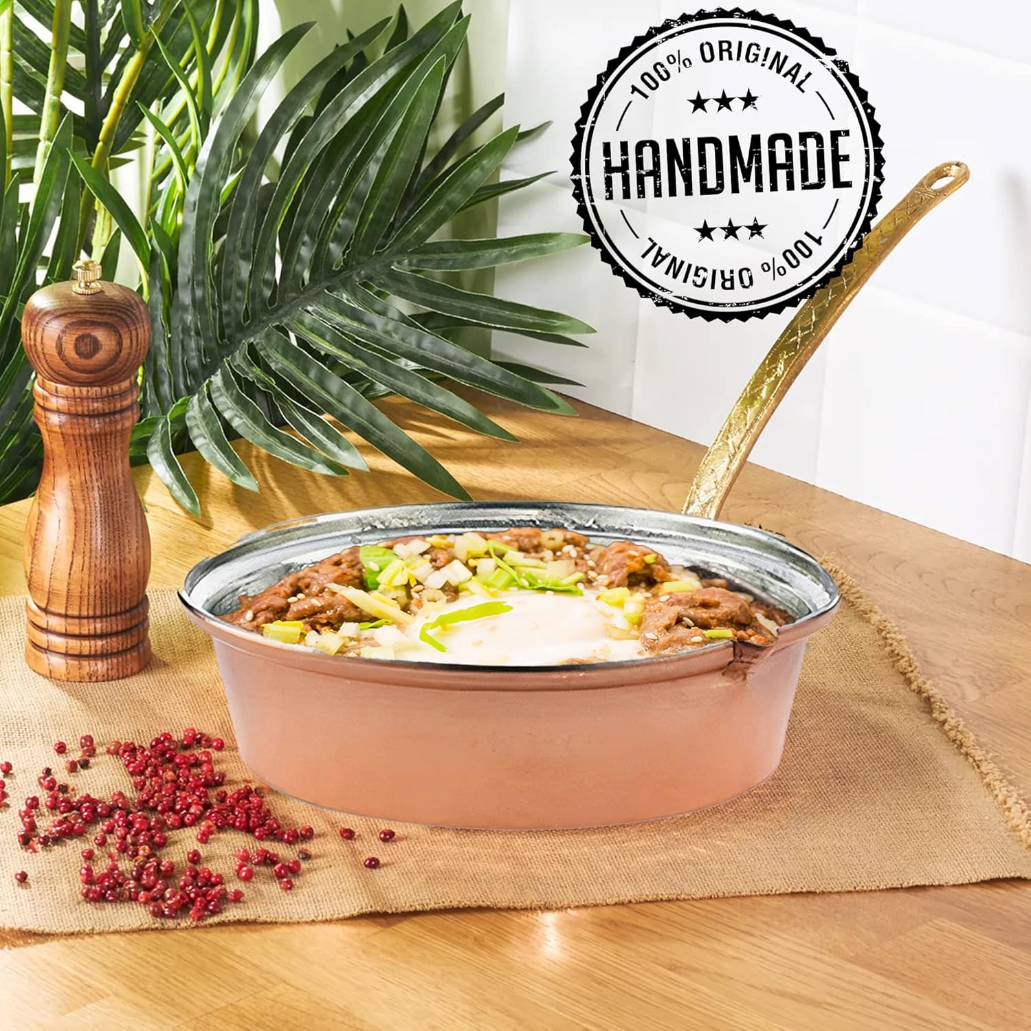 Hakan Multipurpose Pure Copper Cookware with Handle, Handmade Copper Sauté and Frying Pan, Turkish Butter and Milk Warmer Pan, Decorative Copper Skillet, Suitable for Oven & Stovetop (Medium 7.9 in)