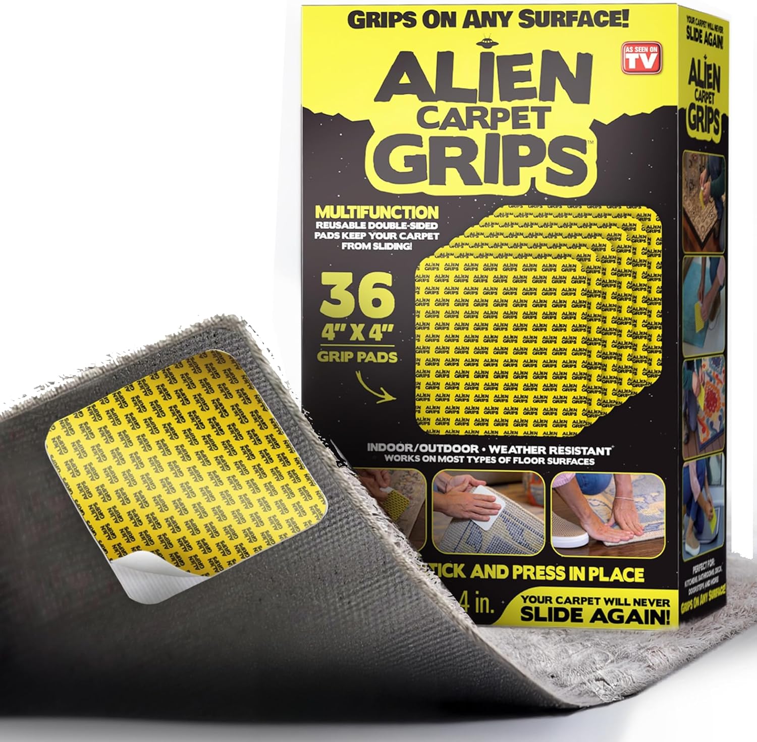 Alien Grip Rug Gripper Carpet Tape - 36pcs, 4x4 in. Anti-Slip Hardwood, Tile Floor, No Damage - Double Sided Reusable, Non Slip Corner Rug Pads - As Seen on TV