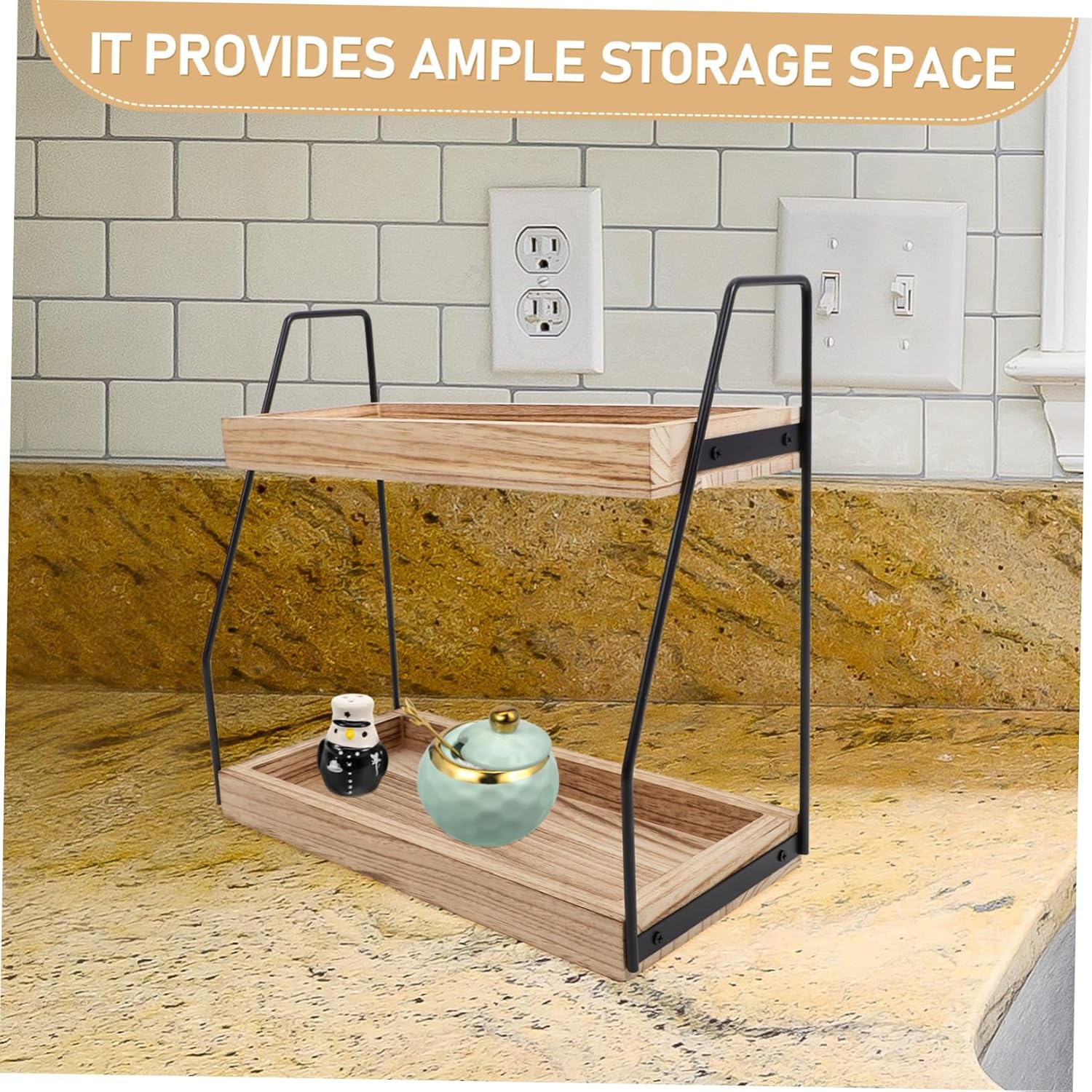 Cabilock Wooden Desktop Storage Shelf Double Rack for Kitchen Spices and Bathroom Cosmetics Organizer Countertop Holder for Multipurpose Home Use