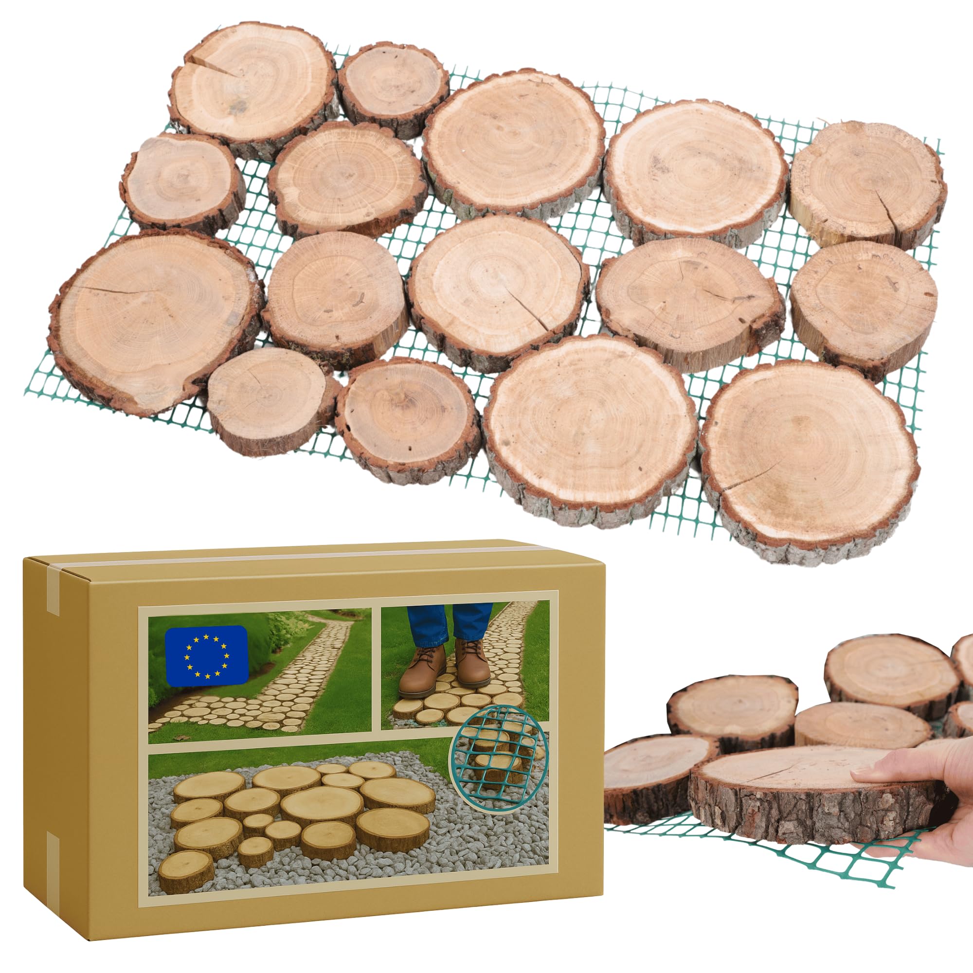 Gartenweg aus Holz, 1 Modul, Gehwegplatte, Gehweg aus Eichescheiben, Gehplatten, Holzscheiben, Holzplatten, Gartenplatten, Beetplatten, Weg Holzpfad, FSC-Holz, Modulmaß 80x50x3 cm