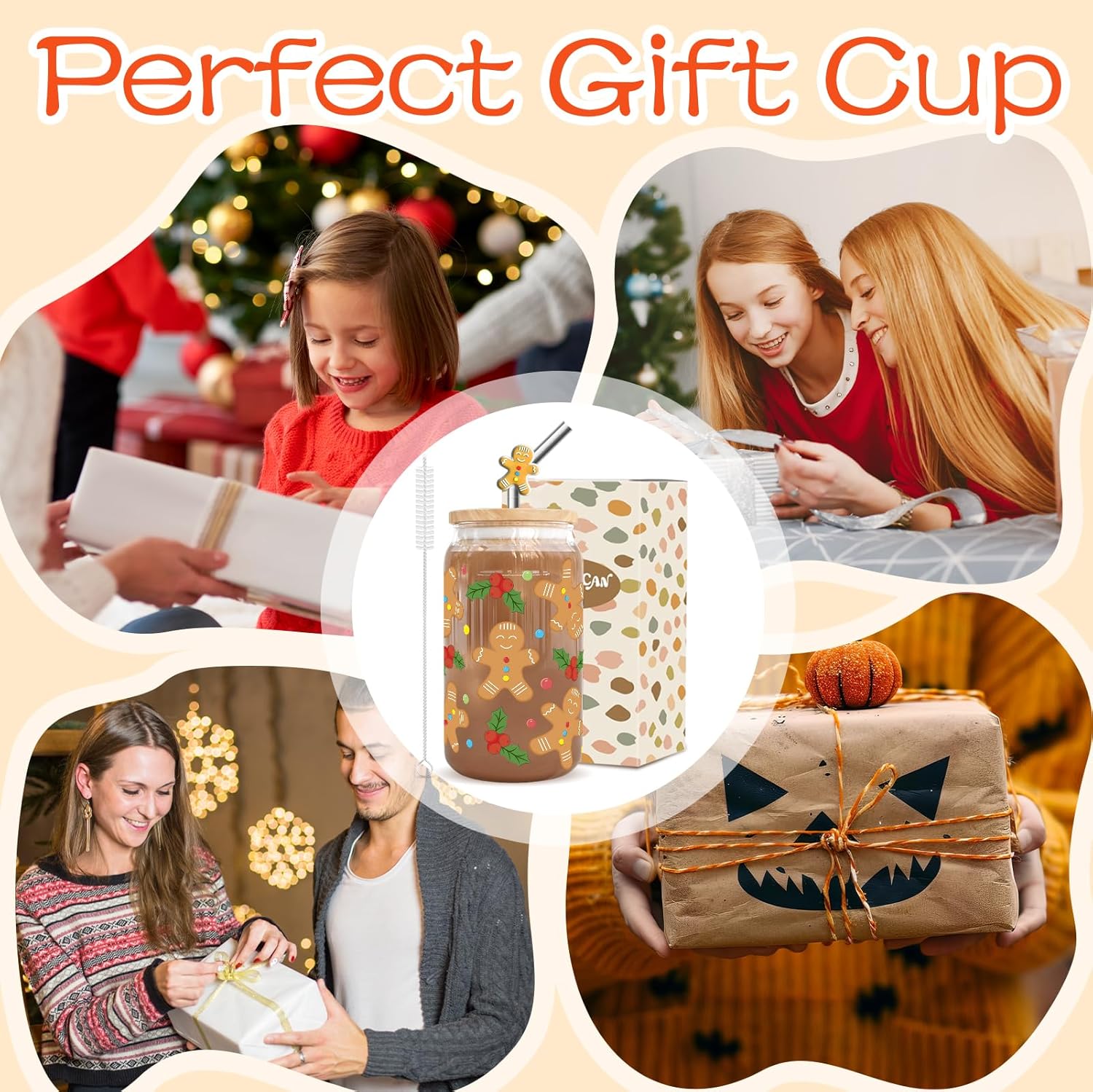 Christmas Gifts - Holly Gingerbread Man Iced Coffee Cups 16oz, Christmas Glass Cup with Lids and Straws, Holiday Tumbler Gifts for Kids Women Mom Coworkers Friends - Image 7