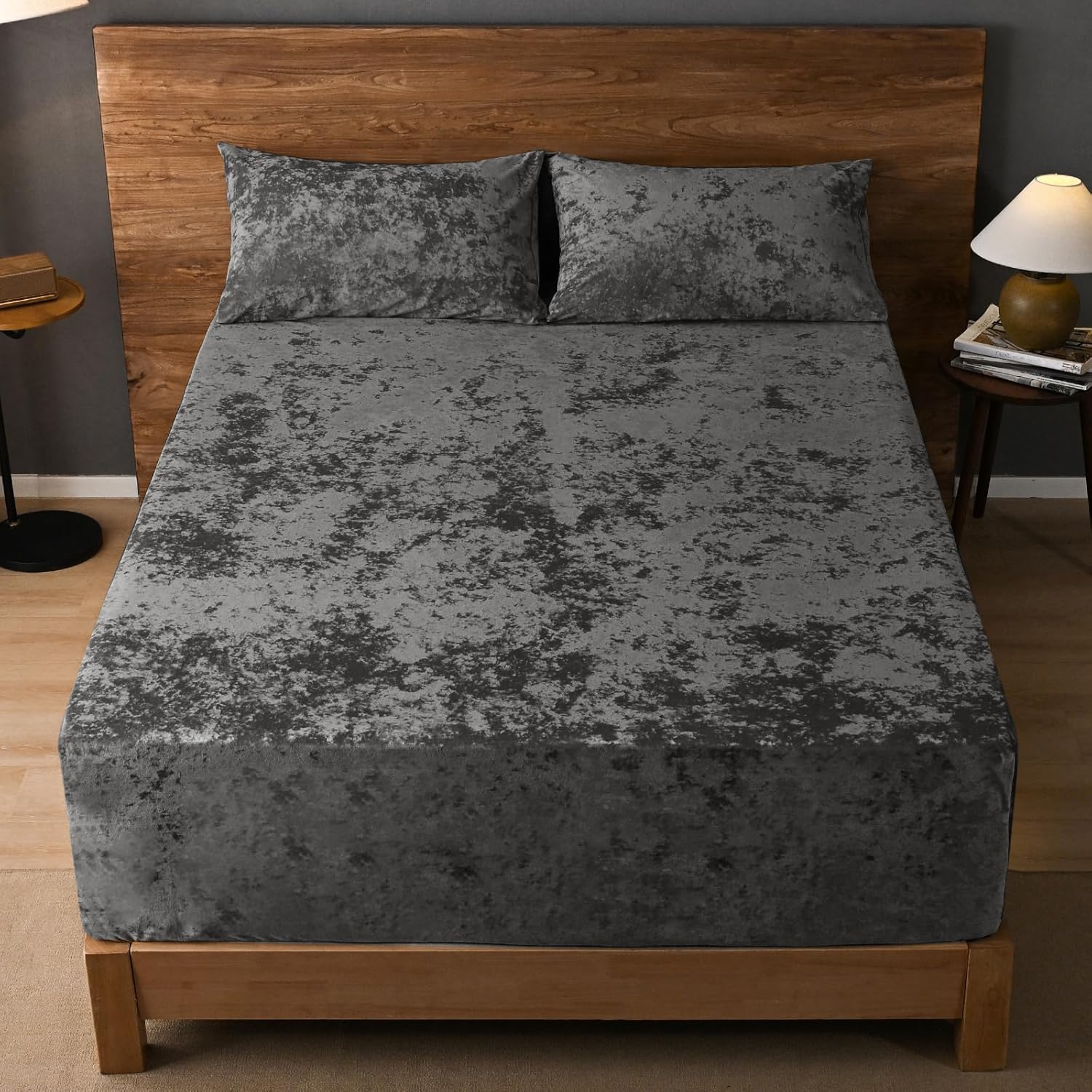 David's Home Velvet Fitted Sheet and Pillowcase Set Twin Size, Extra Deep Pocket up to 18", Soft Plush Fleece Bottom Sheet with Side Pocket & Elastic Corner Straps, Fall Winter, Dark Grey