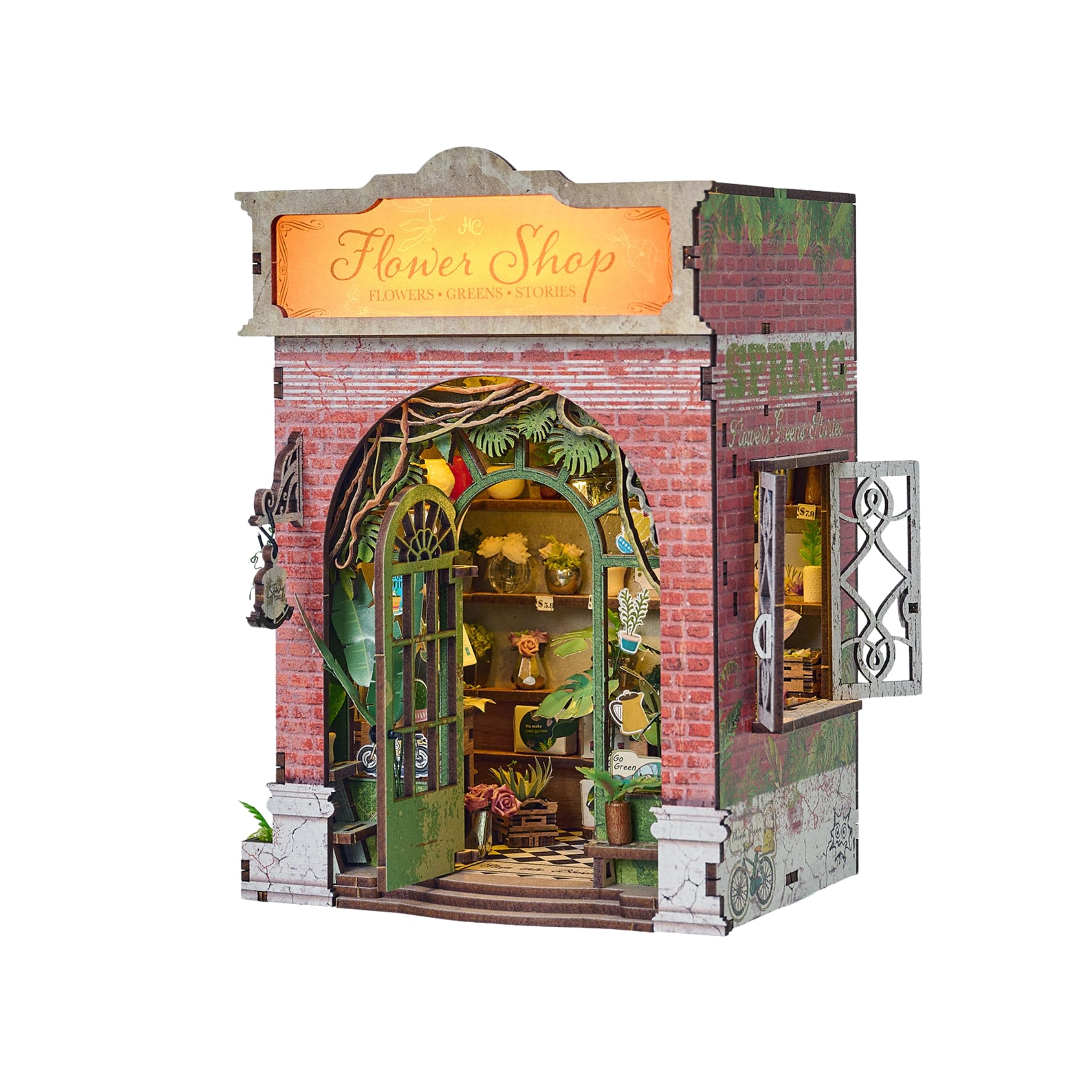 Assembled Hands Craft Flower Shop DIY Book Nook Kit with LED lights, showing the detailed exterior.