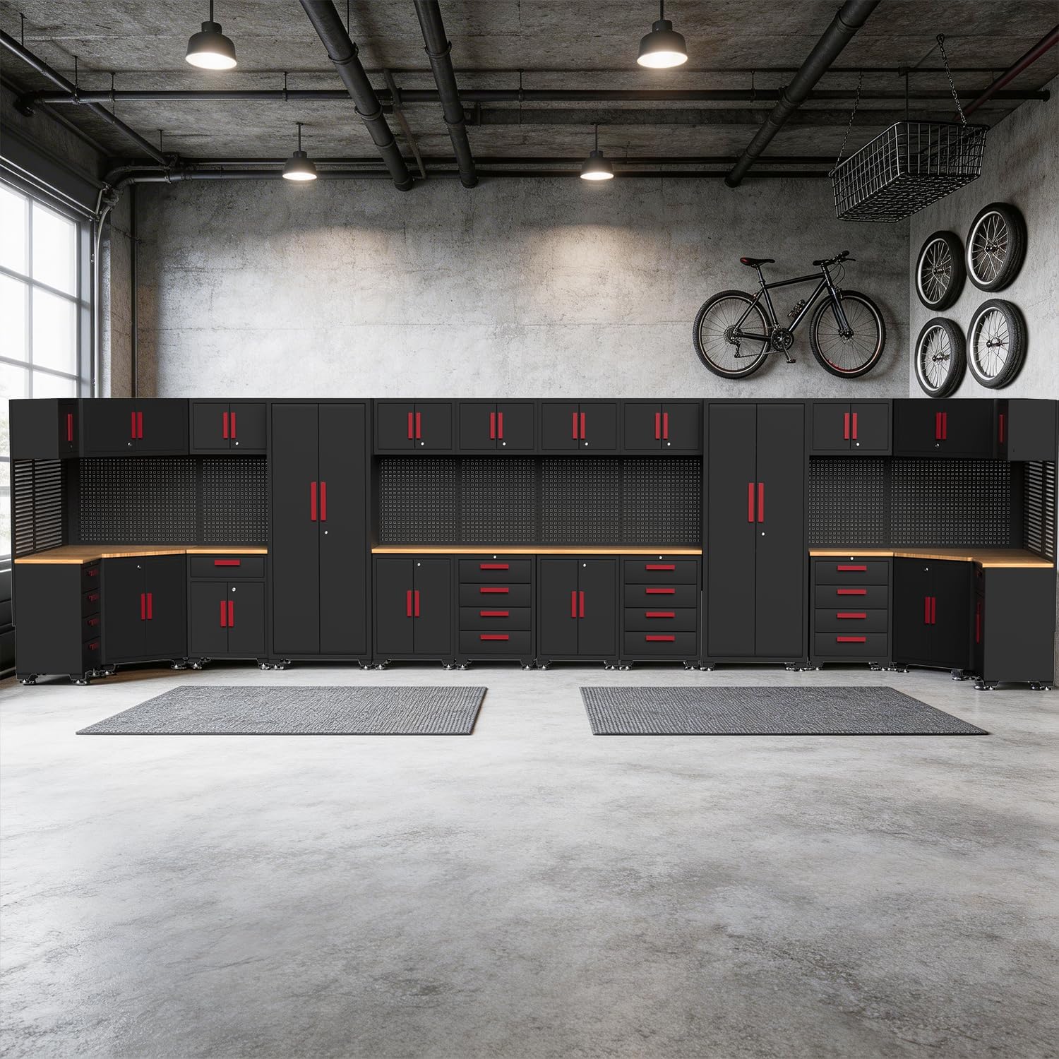 Garage Storage Cabinet System, 32PCS Garage Cabinets and Storage System Kit Workshop Set with Steel Cabinet, Cabinet Drawers, Workbench, Red Handle