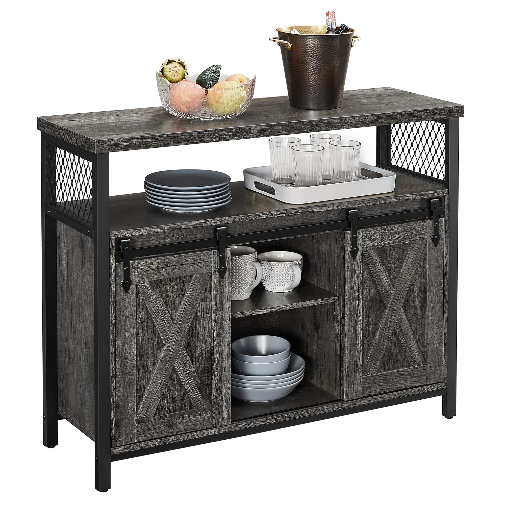 VASAGLE Credenza, Mobile da Cucina, Armadietto Organizzatore, con 2 Ante Scorrevoli, 33 x 100 x 80 cm, Ripiani Regolabili, Stile Country, per Soggiorno, Grigio Pietra e Nero Inchiostro LSC092B04