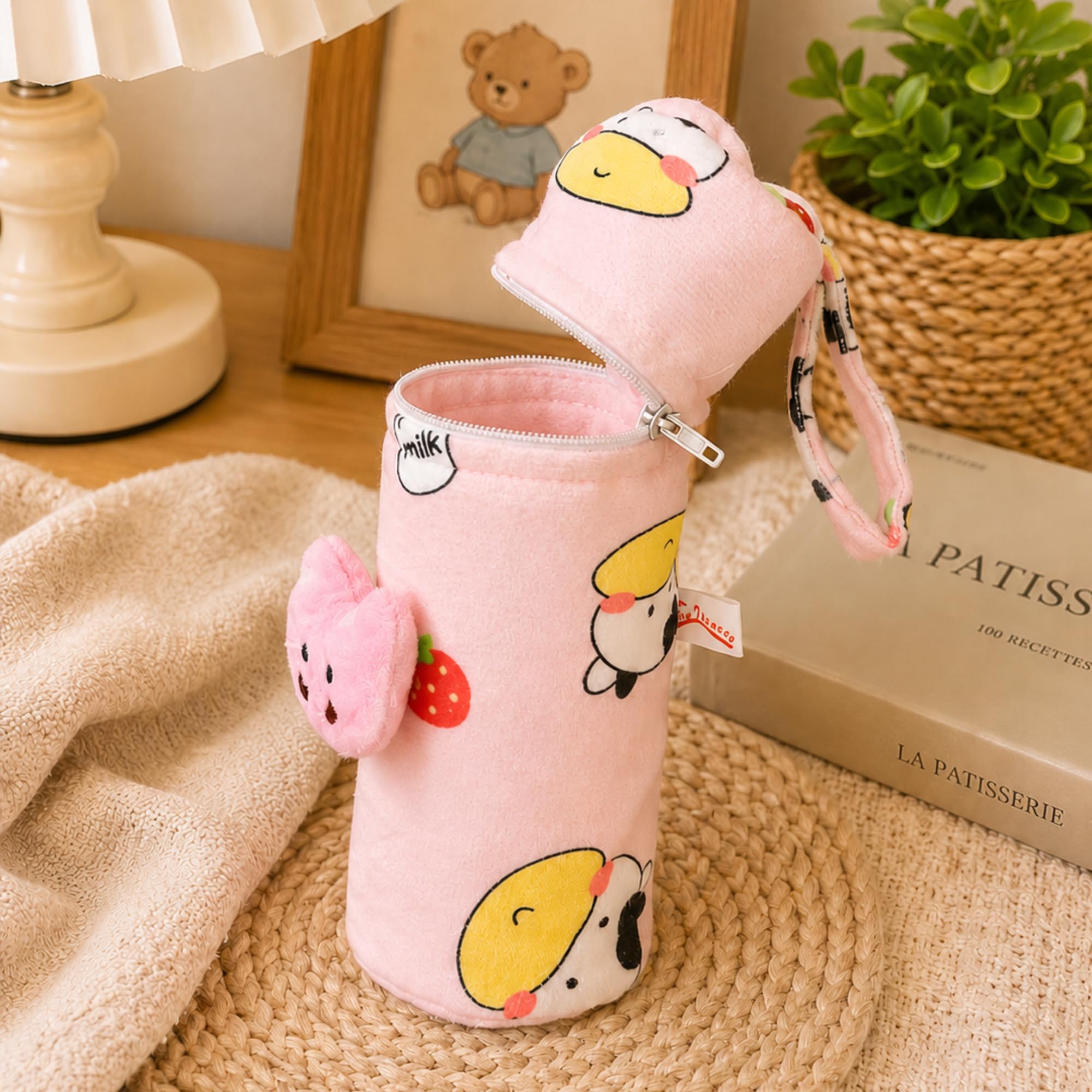 THE LITTLE LOOKERS Soft Plush Stretchable Baby Bottle Cover with Easy to Hold Strap | Cute Animated Overall Print Pack of 2 (Pink & Yellow, Zip Closure 120ml,150ml) 3