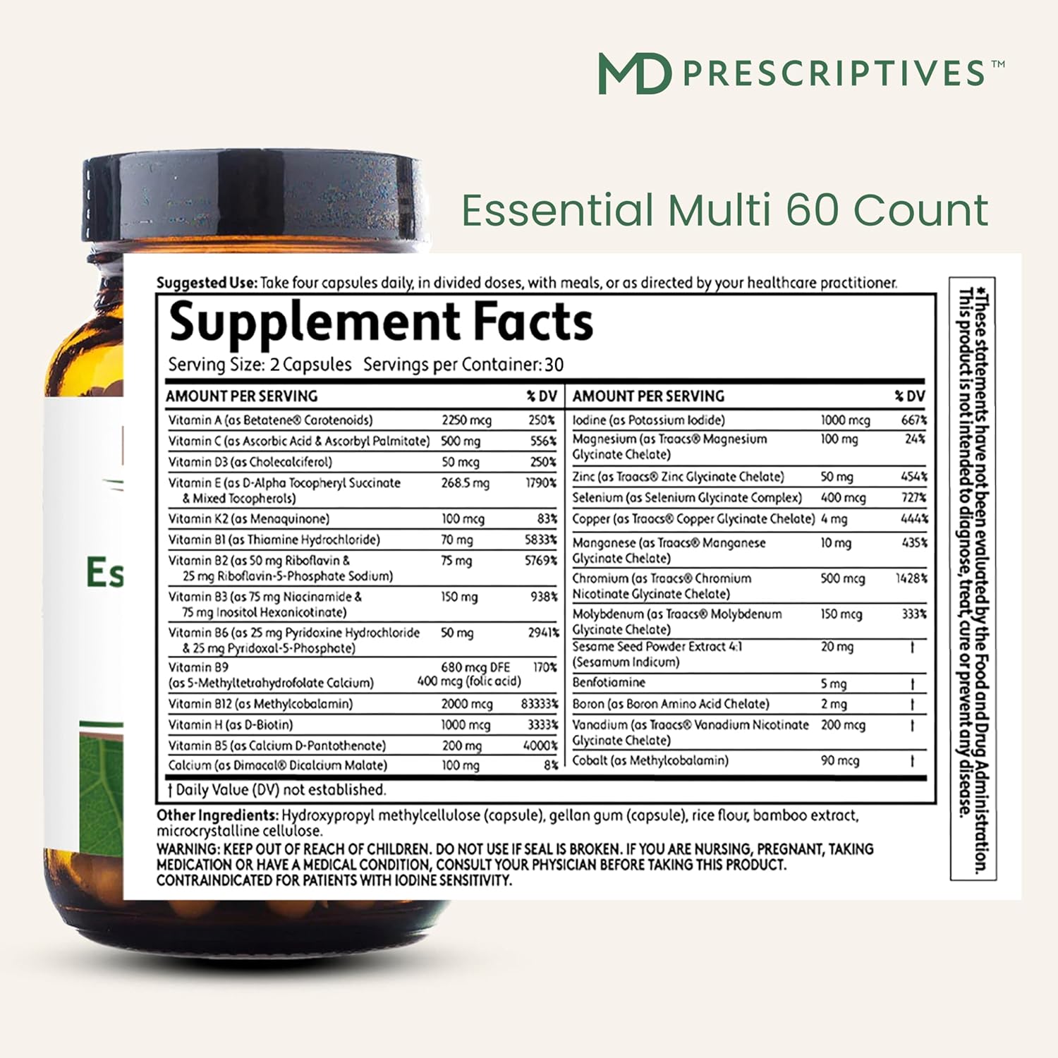 MD Prescriptives - Essential Multi (Delayed Release) - Multivitamin Mineral Complex Supplement for Enhanced Hormone Support - 60 Capsules