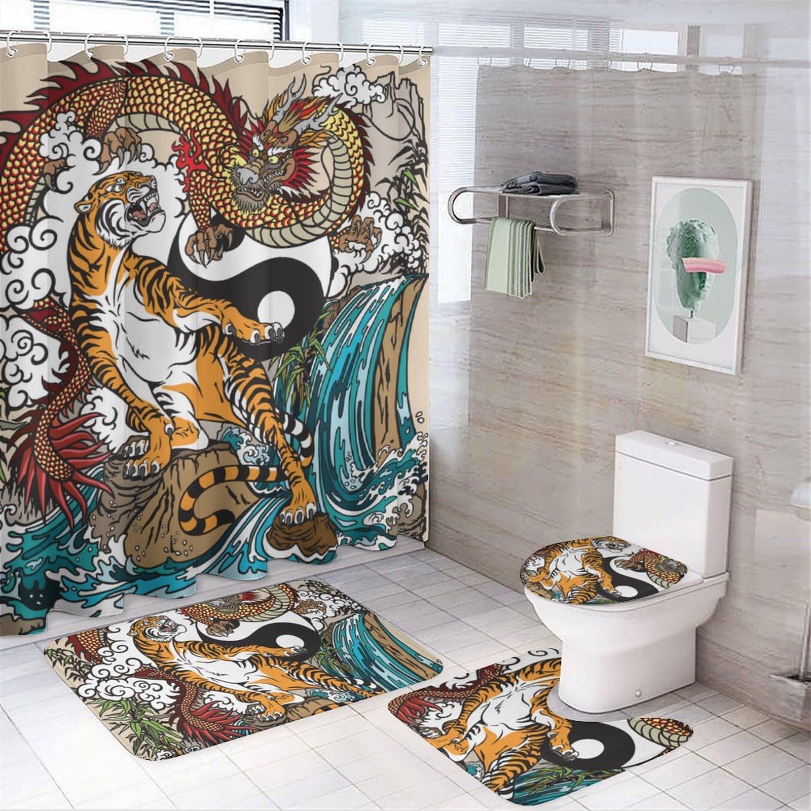 CGSBNGHA Ying-and-Yang Chinese Dragon And Tiger Shower Curtain Set 4 Piece Bathroom Sets with Rugs Toilet Lid Cover And U-Shaped Floor Mat
