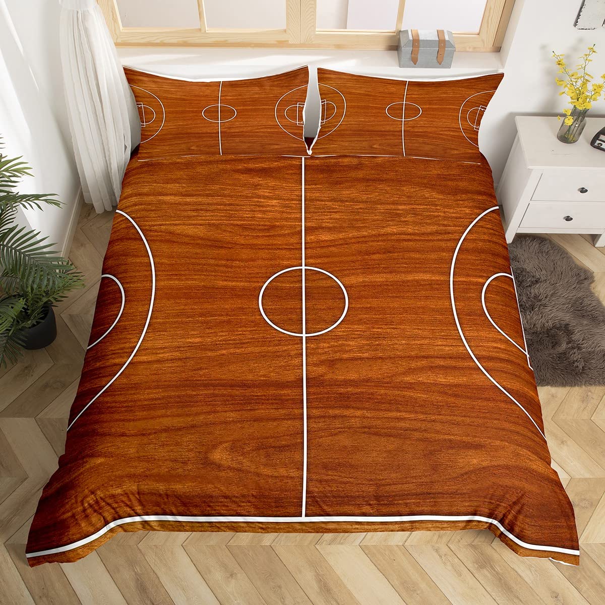 Loussiesd Basketball Court Bedding Set Kids Basketball Game Comforter Cover Set for Boys ManSports Duvet Cover Breathable Athletic Championship Bedspread Cover Brown Super King