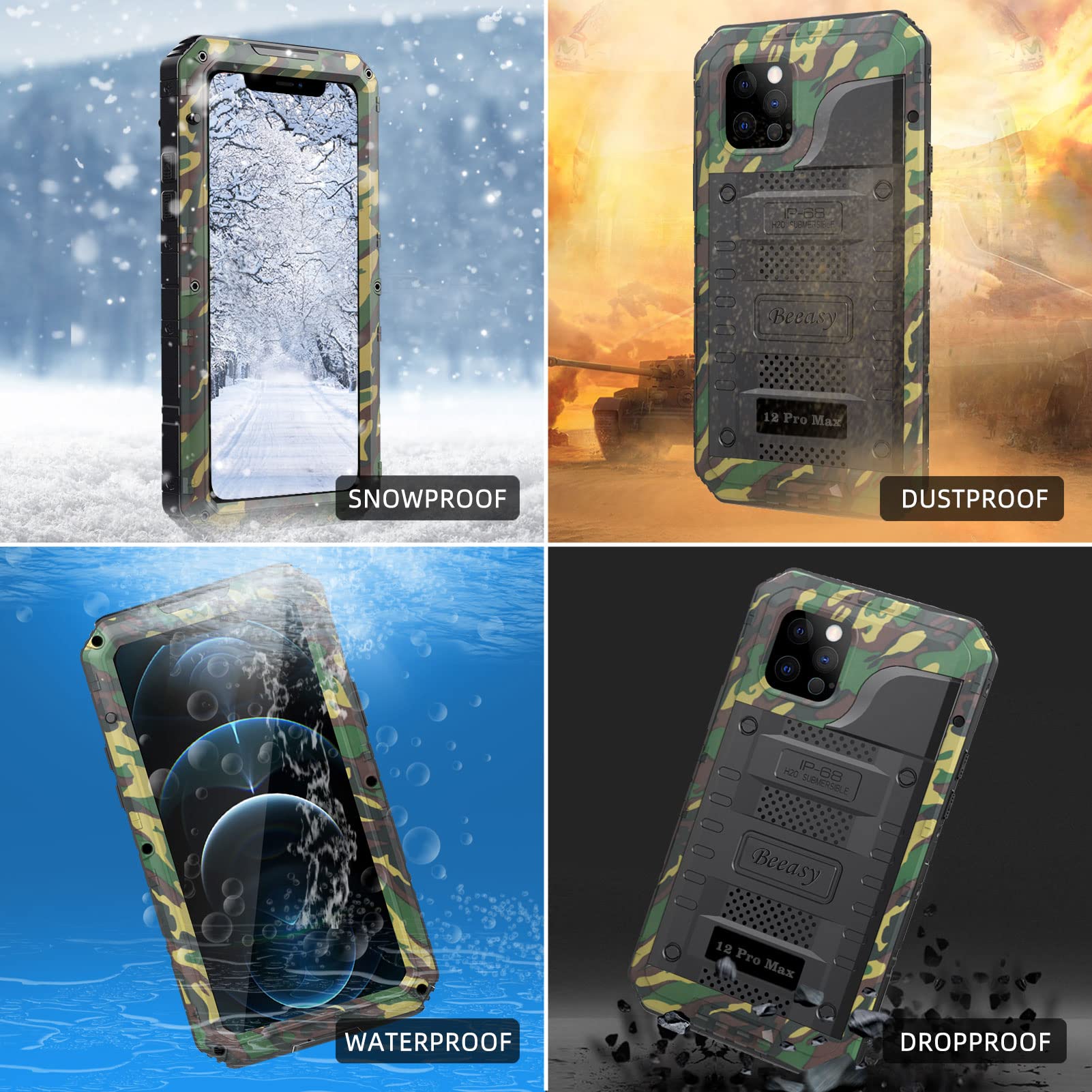 Beeasy Funda para iPhone 12 Pro MAX Impermeable Antigolpes Militar Metálica - IP68 Waterproof Agua Sumergible Acuatica, 360 Grado Completa Protectora, Irrompible Resistente Armor Carcasa, Camouflage