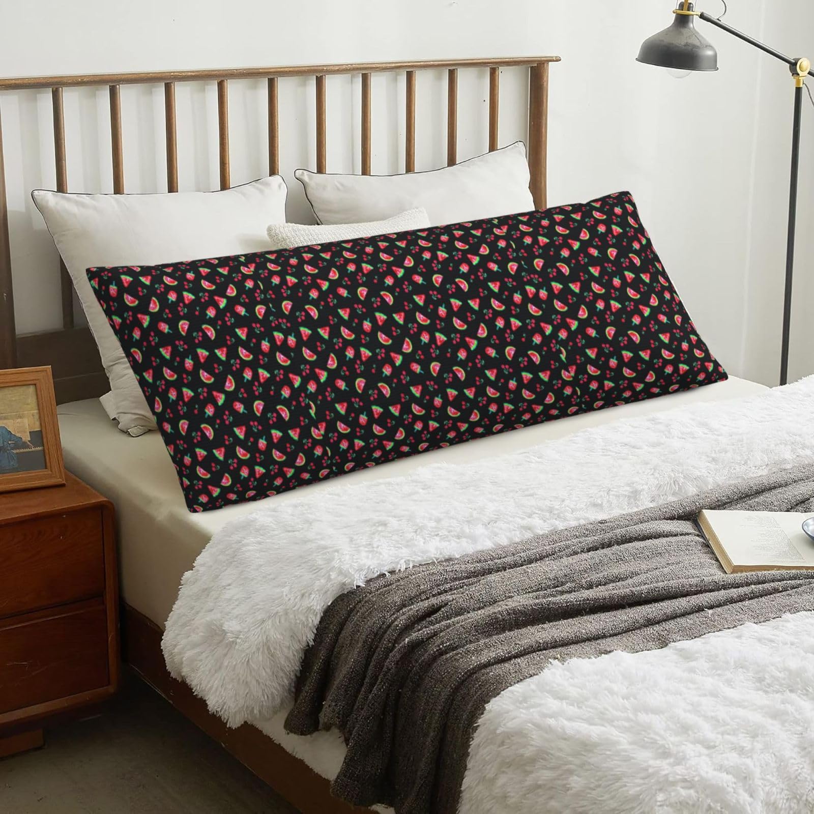 Watermelons Cherries Black, Body Pillow Cover with Zipper,Long Body Pillowcase 20 x 60 in