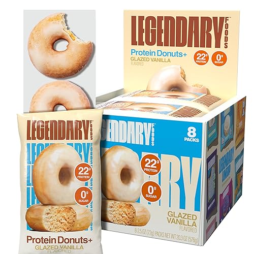 Legendary Foods 22gr Protein Donuts - Glazed Vanilla 8x (2 Donuts per Pack), High Protein, Zero Sugar, Gluten Free and Low Carb, Keto Friendly Snack, Healthy Donut for GLP-1, Diabetic, Bariatric Diets - Glazed Vanilla