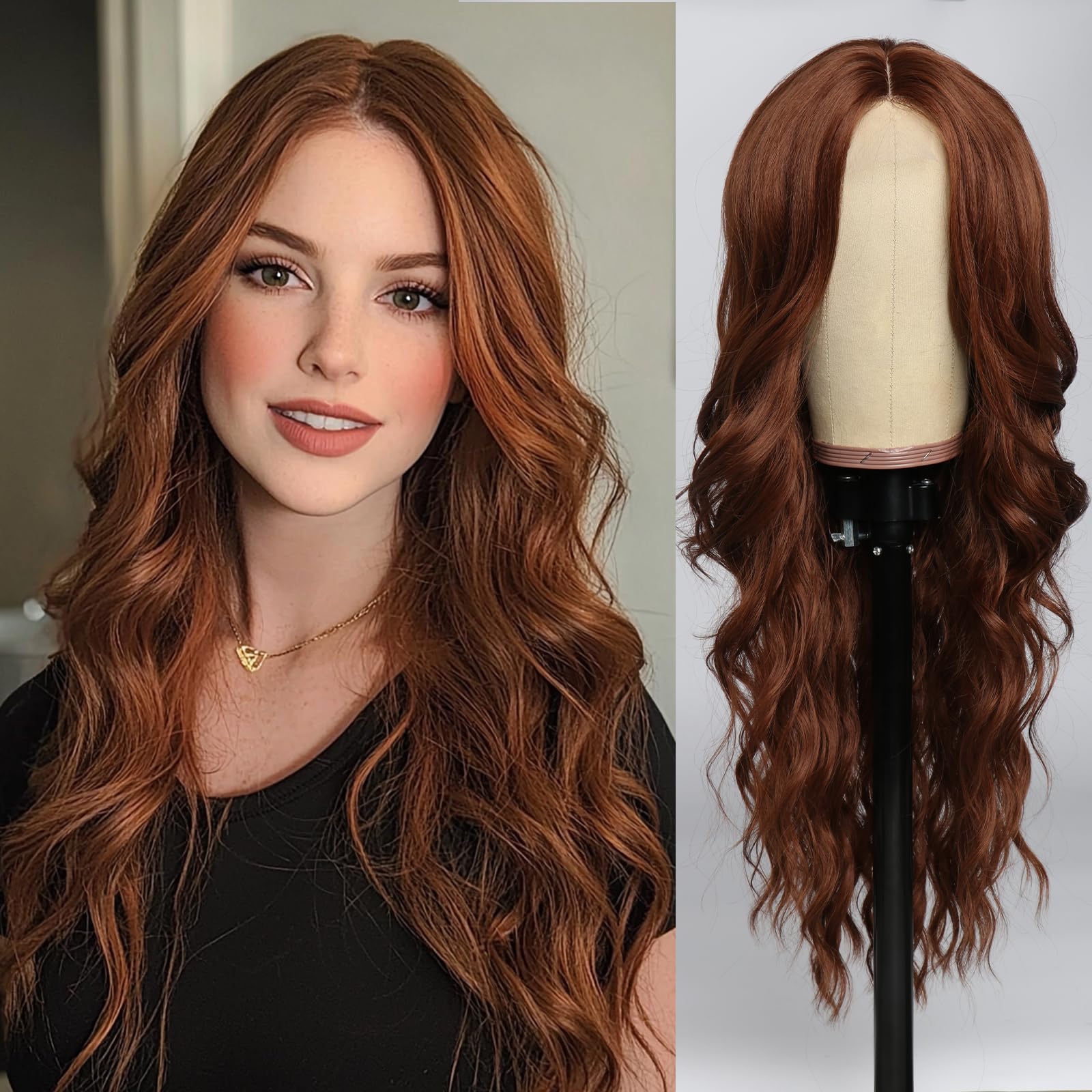 SeclitWu Long Ginger Wavy Wig for Women Middle Part Wavy Wigs Natural Looking Synthetic Heat Resistant Fiber Wig for Party Daily Use (26 Inch)