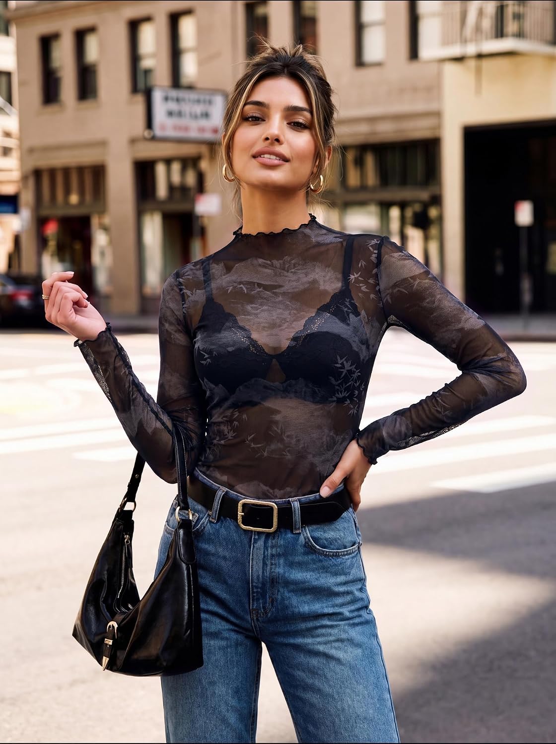 GRACE KARIN 2026 Mock Neck Sheer Lace Long Sleeve Top image 2