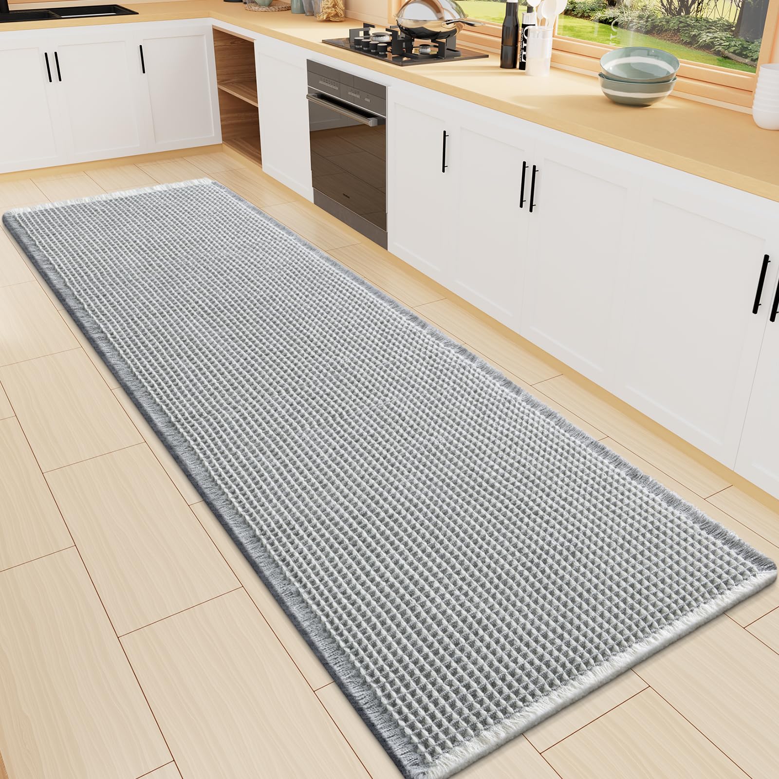 Smiry Waffle Bath Mat 60X16, Soft Absorbent Bathroom Rug, Lightgrey &amp; Cream