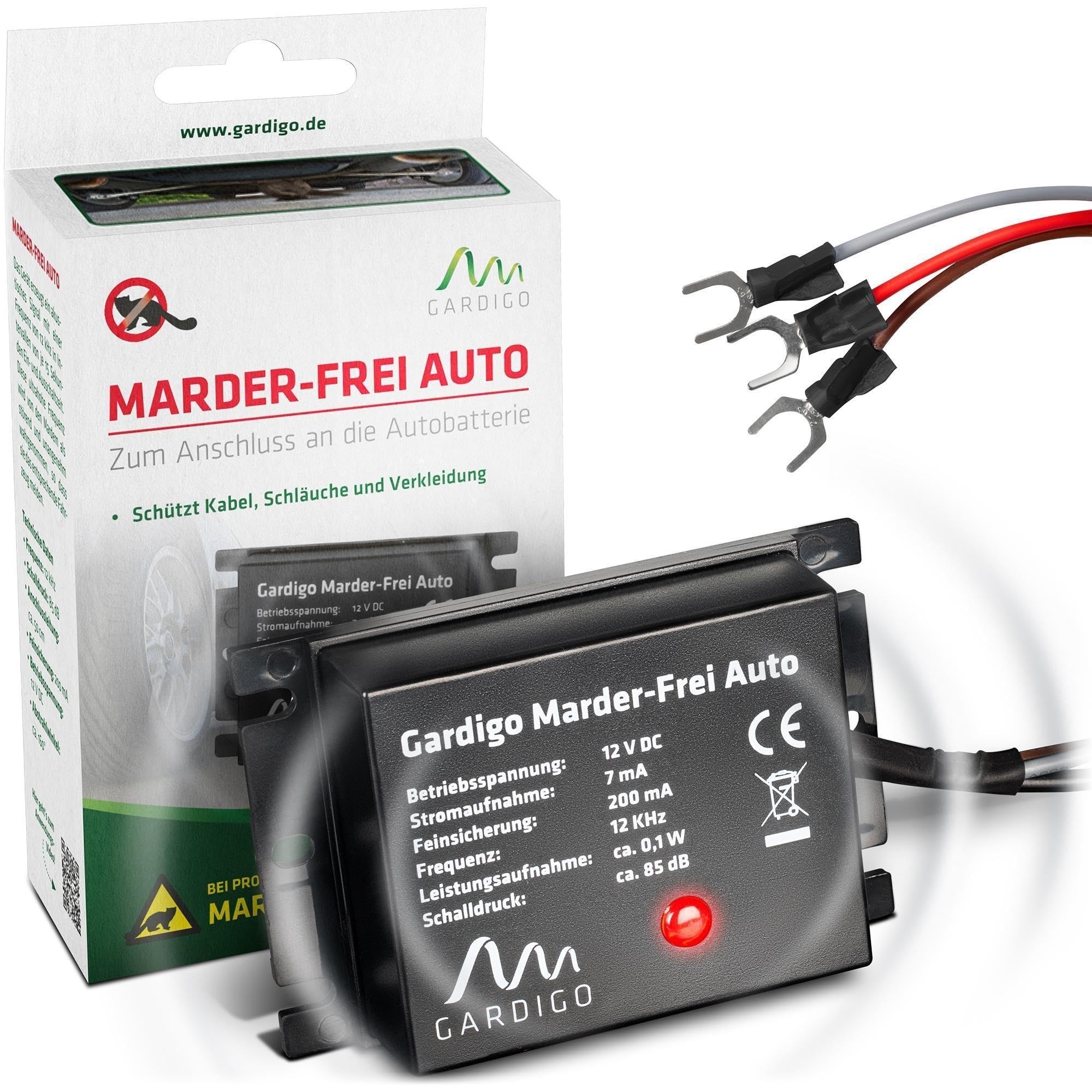 Gardigo® Marder-Frei Auto I Marderschreck Auto | 25 Jahre Erfahrung Ultraschall Marderabwehr | Anschluss an 12V Autobatterie I Marderschutz für Auto | Abwehr gegen Marder KFZ, Marder vertreiben