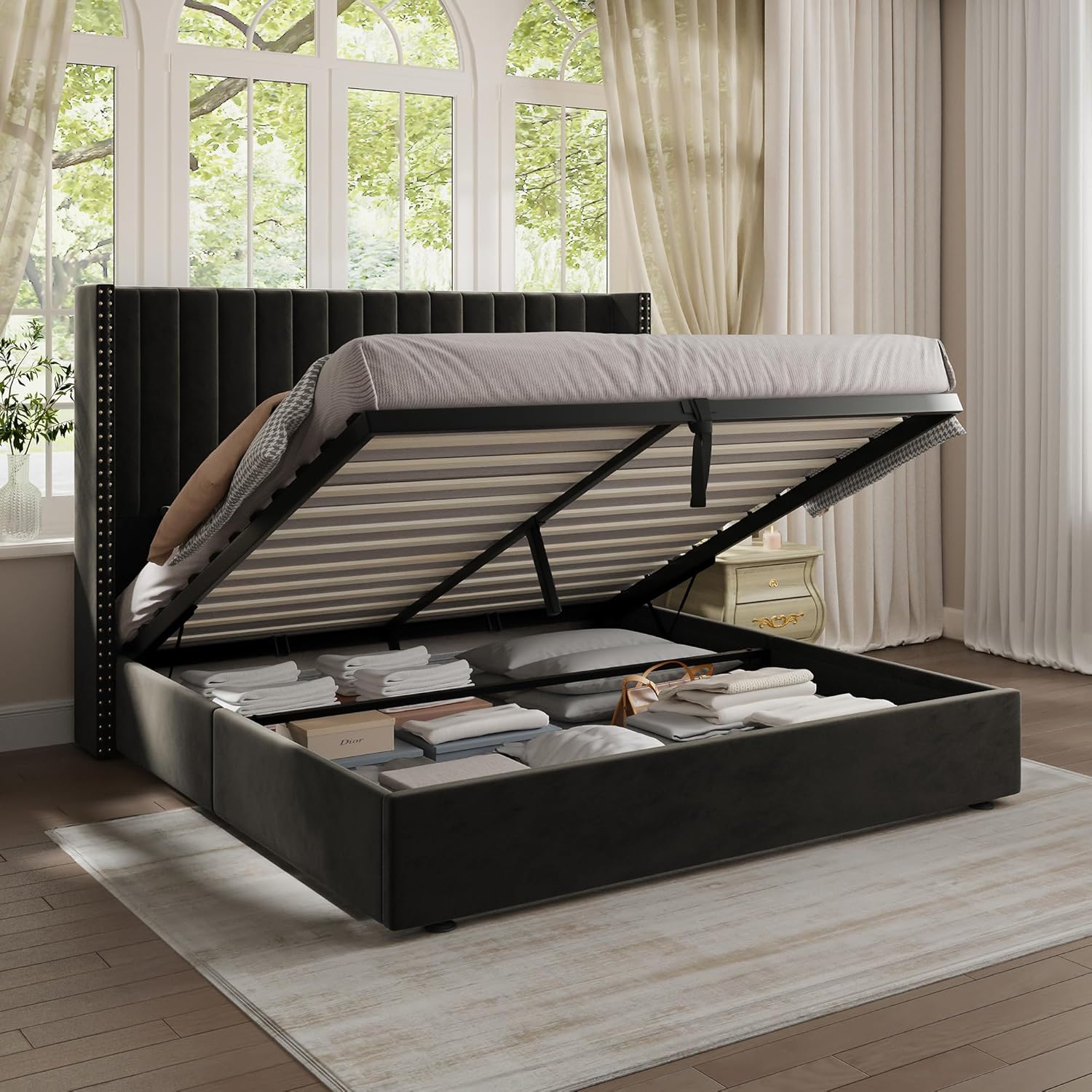 Jocisland Upholstered Queen Size Lift up Storage Bed Frame, Platform Bed Velvet with Channel Tufted Wingback Headboard, No Box Spring Needed, Black