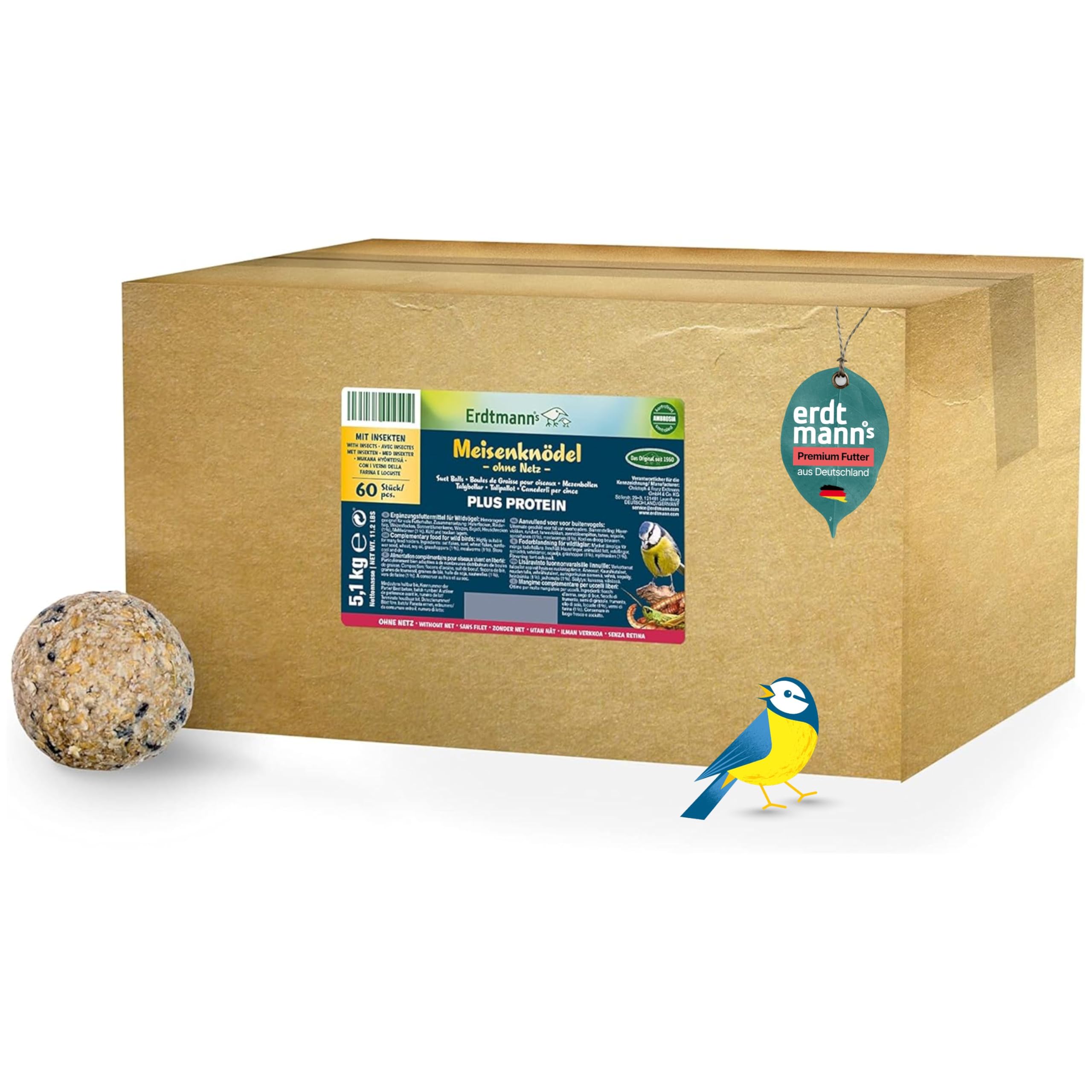 ERDTMANNS - 60 Meisenknödel Plus Protein (mit Insekten) ohne Netz für Wildvögel I Premium Sortiment I Hoher Proteingehalt I Wertvolle Zutaten I Umweltfreundlich I Große Menge