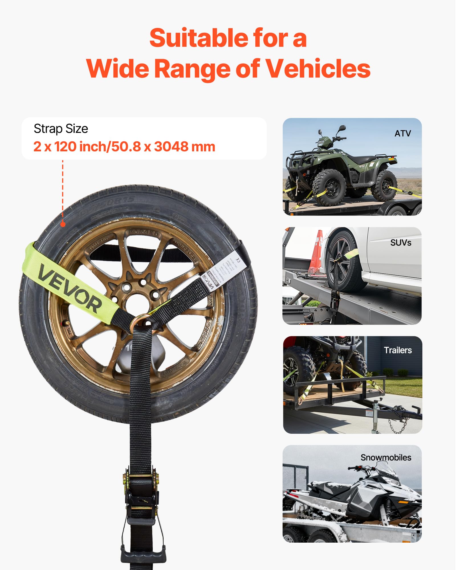 VEVOR Kit de Amarre de Calzo de Ruedas 50,8 x 3048 mm, Correas de Amarre para Rueda con Ganchos Planos, Resistencia a la Rotura de 4540 kg, Carga de Trabajo de 1512 kg, para Vehículos, SUV, Remolques