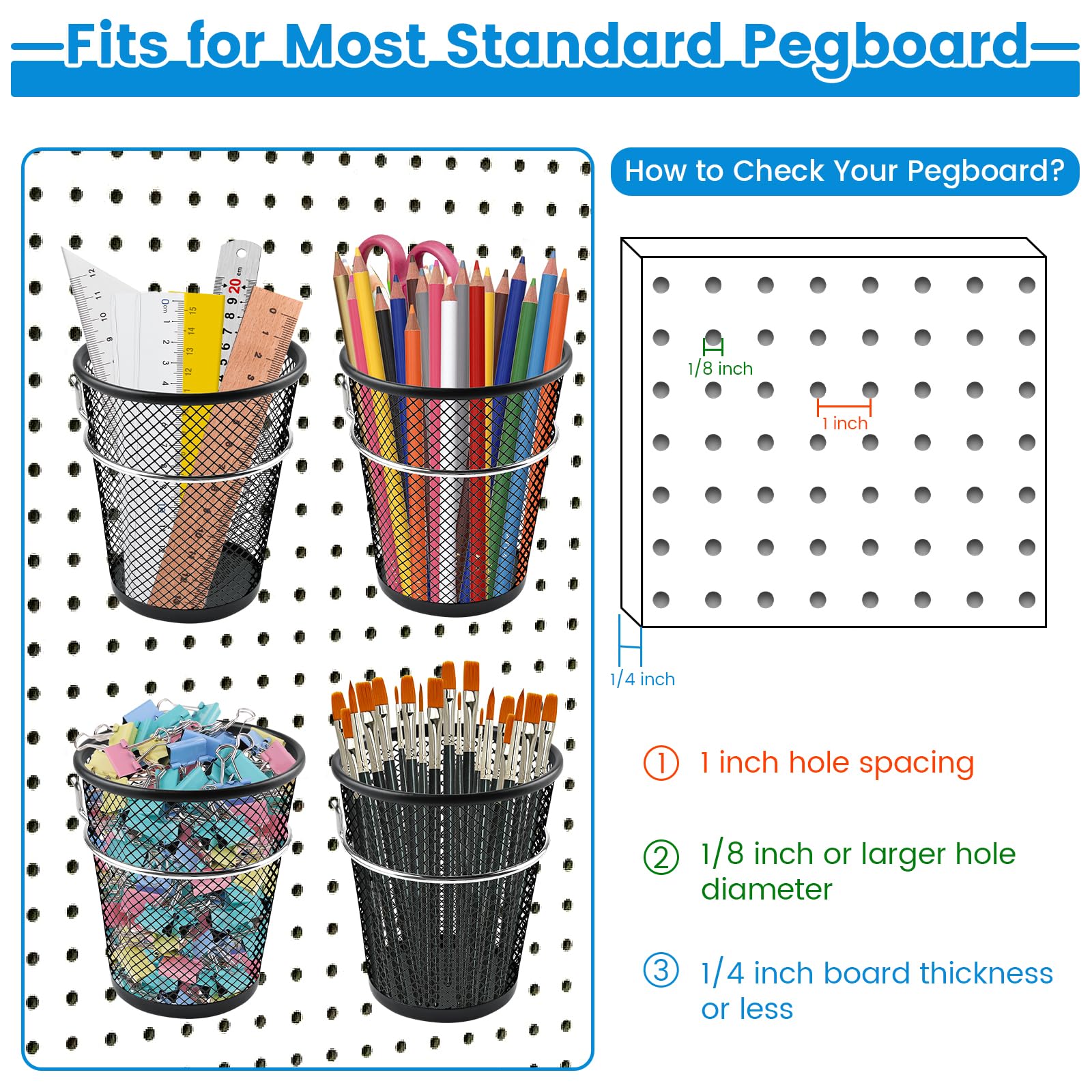 Elesunory 6 Set Pegboard Cups with Ring Hooks, Metal Pegboard Bins, Pegboard Cup Holder Pegboard Hooks for 1/4