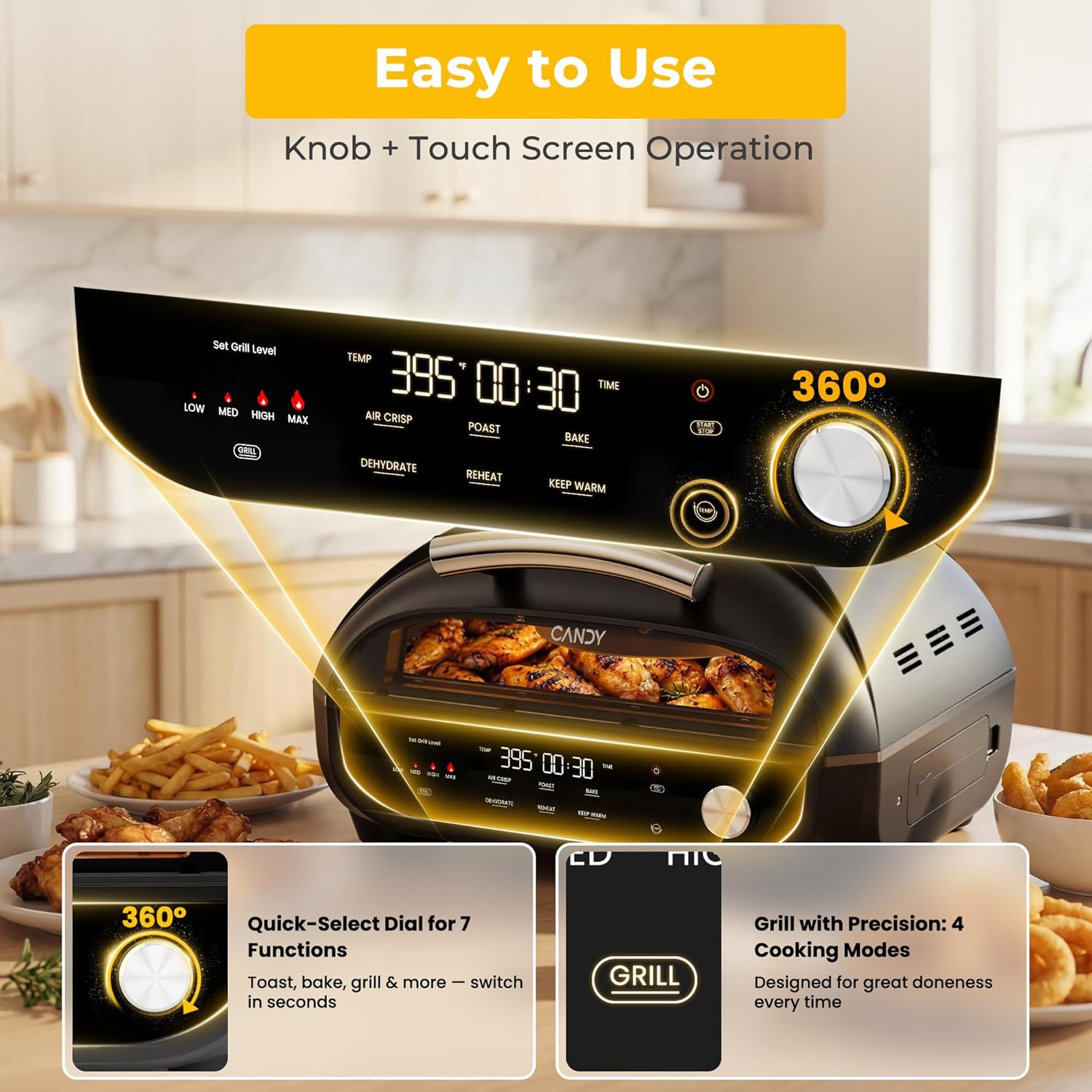Candy Indoor Grill & Air Fryer with Ceramic Accessories, 500°F Max, 7-IN-1 Digital Display, 5.2 QT Electric Low Smoke with View Window, Smart Thermometer, Crisp, Roast & Dehydrate, Easy Clean, 1500W