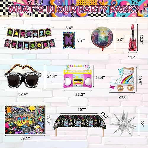 Miniatura 3 de Decoraciones para fiestas temáticas de los años 80 con mantel de fondo de los años 80, pancarta, caja inflable, teléfono móvil y guitarra, globos de