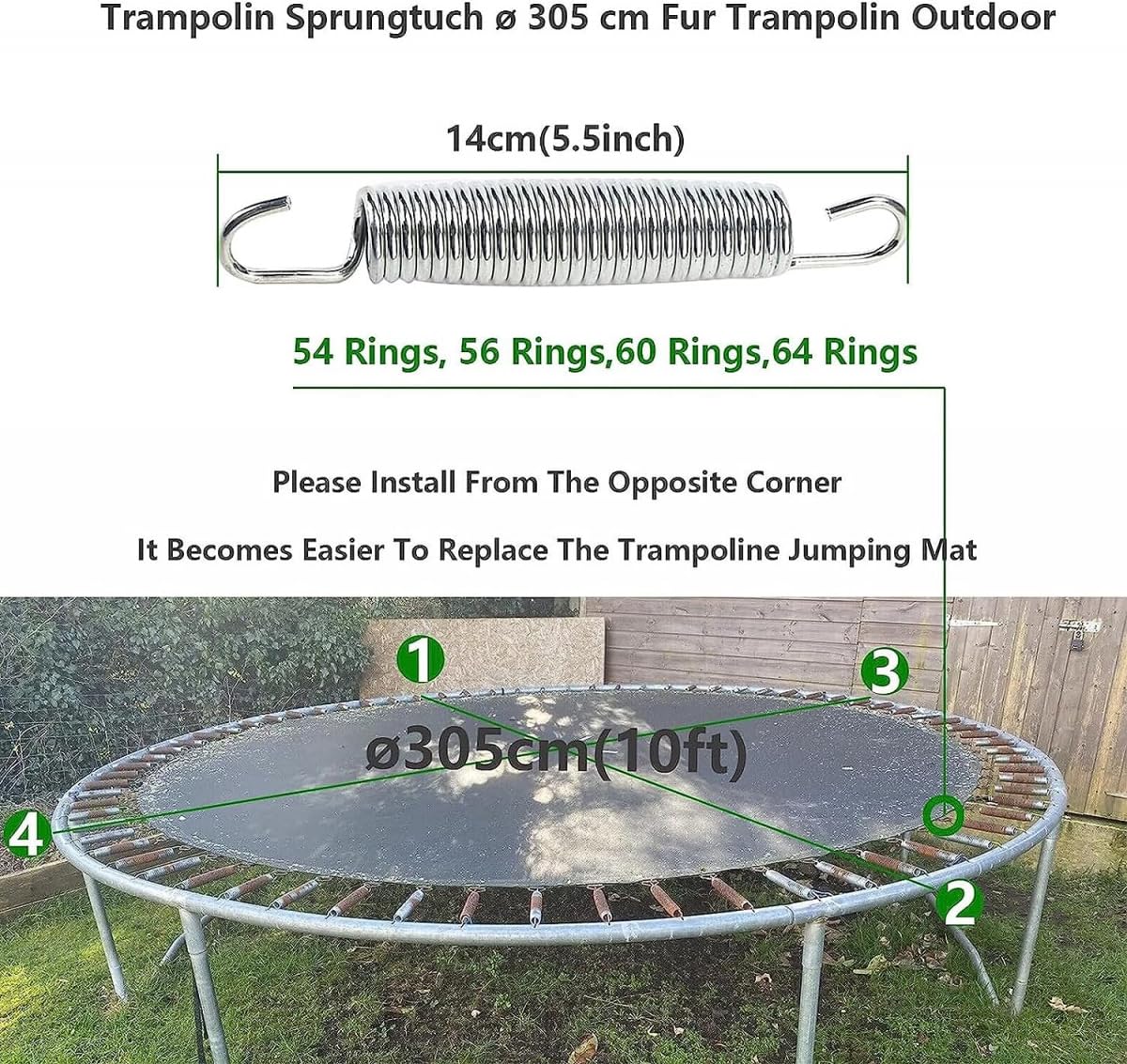 Tappetino Elastico Trampolino, Alto Elastico Ricambio Tappeto Telo Elastico, Trampolino Diametro 305 Cm Con Occhielli 60/64, Resistente All'Acqua