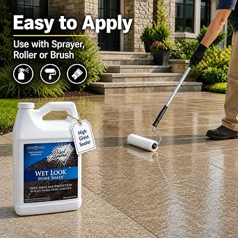 Wet Look Natural Stone Sealer. Durable, Long-Lasting Gloss Protection. Interior and Exterior Pavers, Slate, Sandstone, Travertine, Flagstone, Driveways, Garage Floors, etc. Black Diamond Stoneworks.