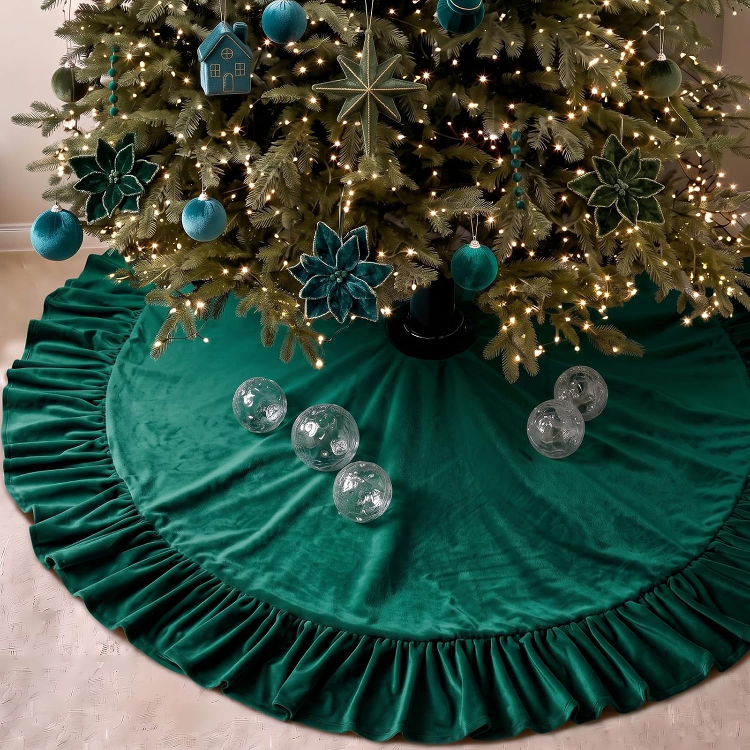 Velvet Christmas Tree Skirt, 48 Inches, Bow Style, Ivory White | Ruffled Edge Design, Luxury Plush Velvet Texture, Covers Tree Stand, Adds Vintage Elegance for Holiday Party Decorations