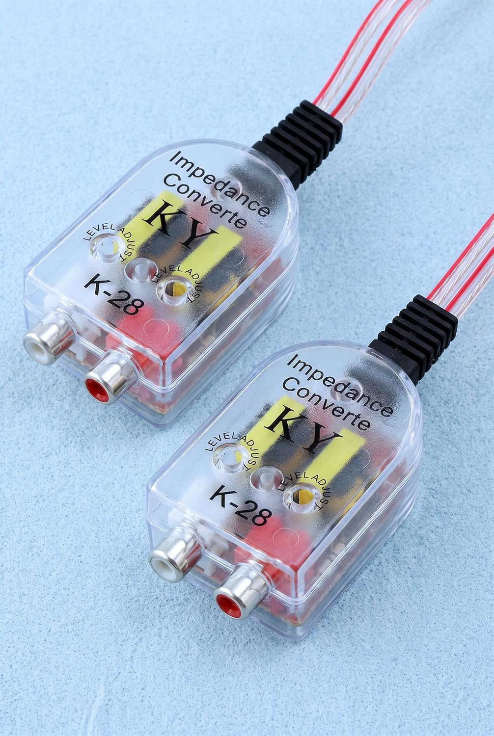 2 PCS K-28 Car Audio High to Low Impedance Converter, Transparent Plastic Shell Built-in Transformer, Speaker Level to RCA Output with Adjustable Knob for Car Subwoofer Amplifier Connection