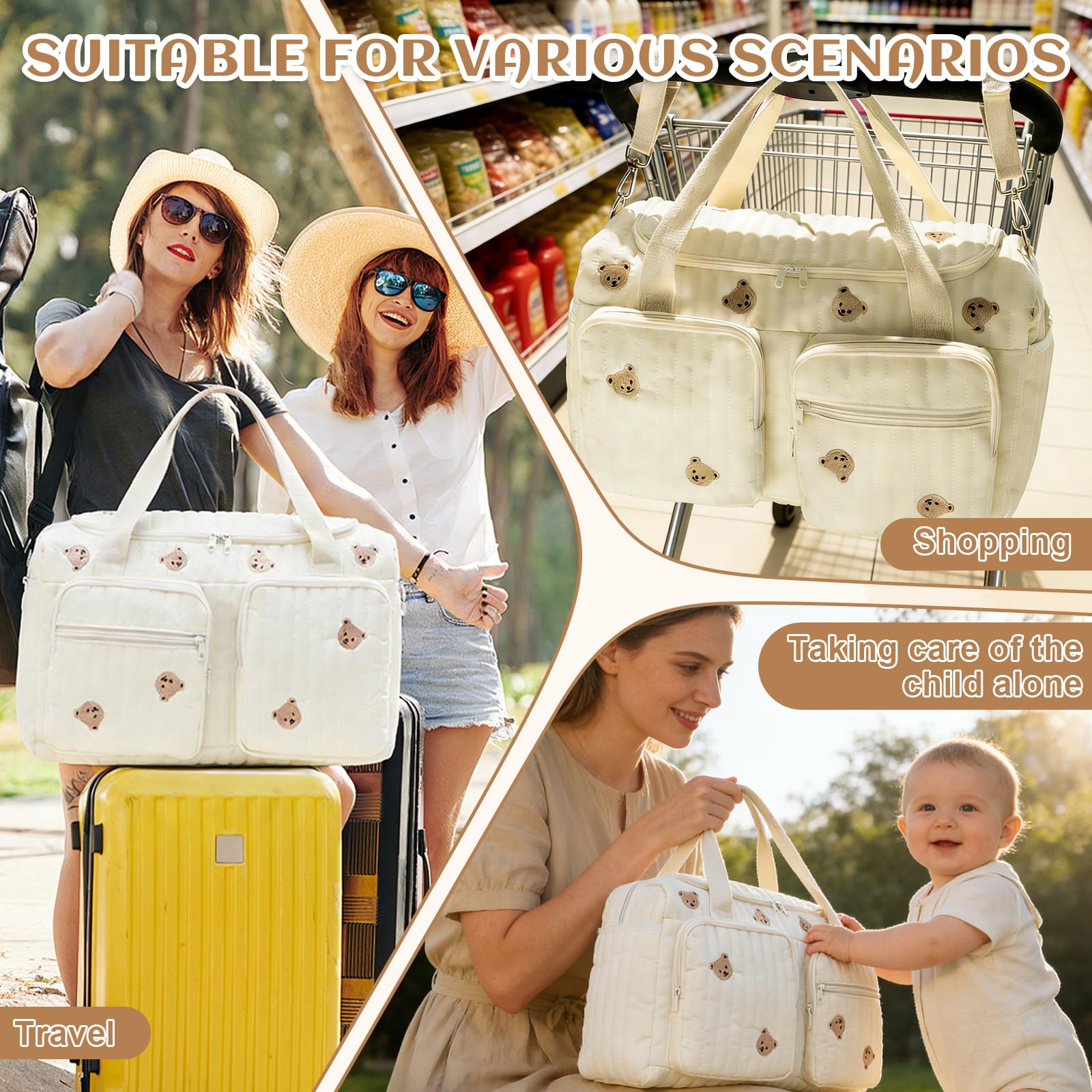 Jadyon Sac à langer matelassé, sac pour l'hôpital, sac de voyage mignon à motif ours pour femmes, sacs de week-end pour femmes, portable et léger, sac pour l'hôpital pour bébé à transporter
