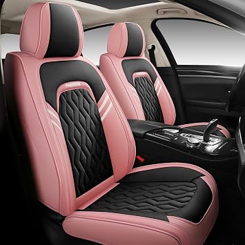 BGYFDU02 Seat Cover 5-Seater Full set, Universal Type, Suitable For Most Cars, Cars, SUV, Trucks, Pickup Ttrucks, Airbags Compatible With Synthetic Leather Car Seat Cushion Protectors Black and Pink