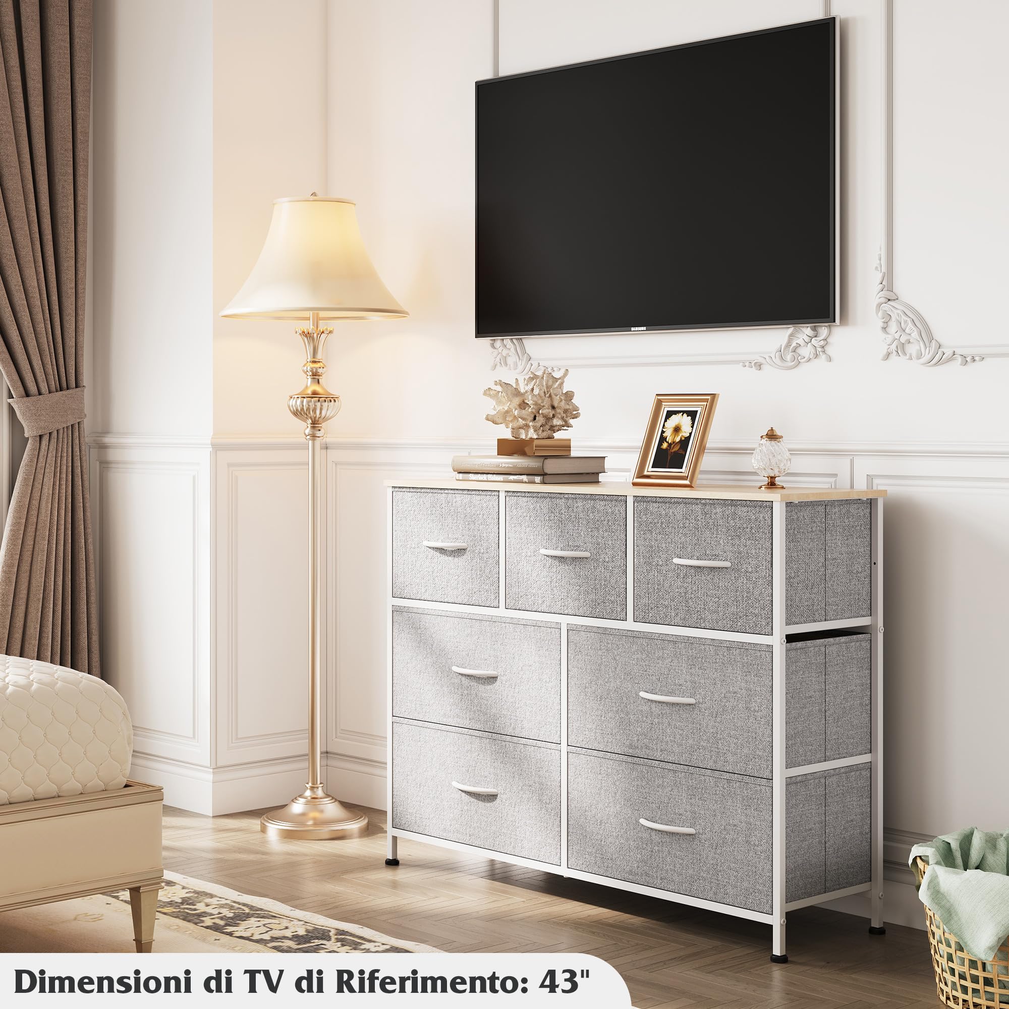 WLIVE Cassettiera con 7 cassetti in tessuto, cassettiera per camera da letto, cassettiera soggiorno, con robusto telaio in acciaio, pannello in legno, grigio chiaro