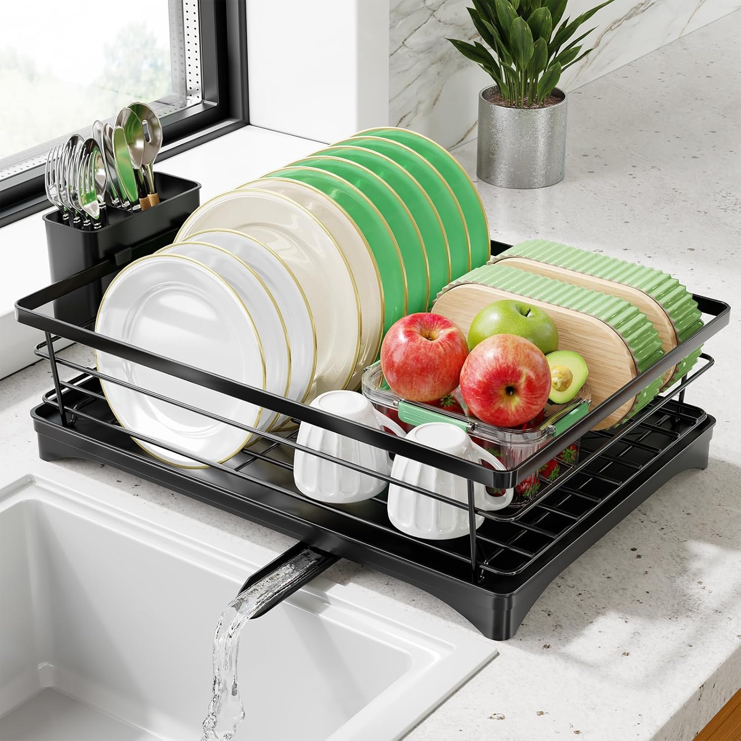 Simple Trending Dish Drying Rack for Kitchen Counter, Sink Organization and Storage, Rustproof Dish Drainer with Removable Utensil Holder, Drainboard, 12''W x 17''L, Black