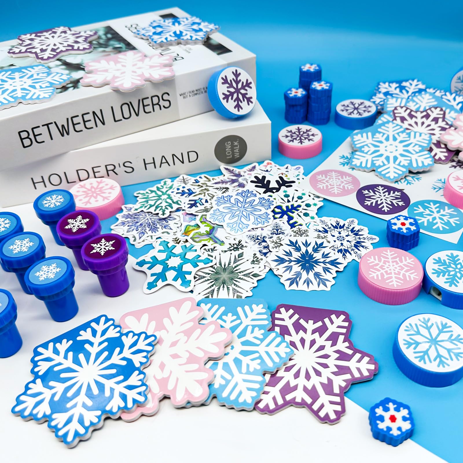 Cinrobiye Juego de 194 piezas de copos de nieve de invierno congelados, recuerdos de fiesta de Navidad, aulas, intercambio, escuela, premios, blocs de notas, lápices, sacapuntas, gomas de borrar