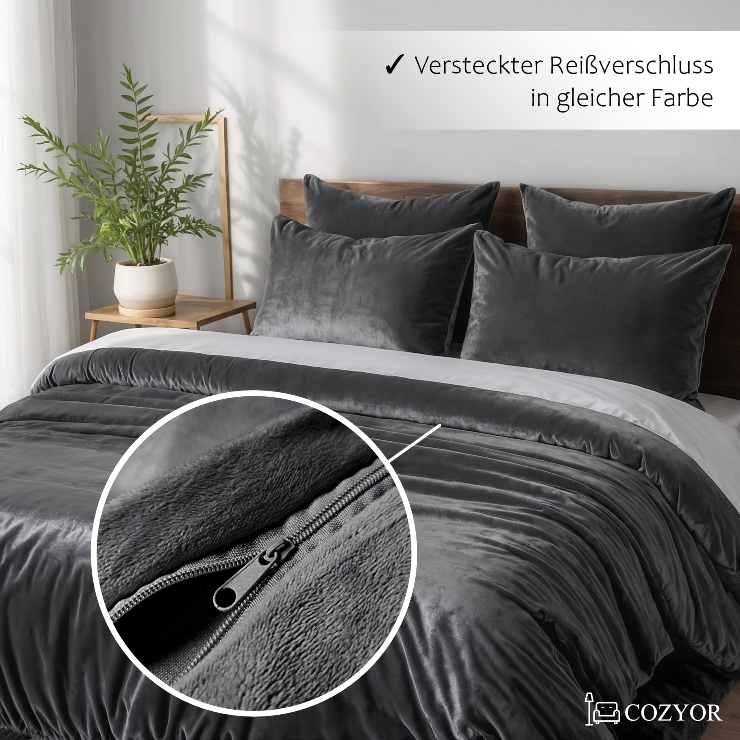 Cozyor Kuschel-Bettwäsche extra dick und weich Plüsch, robuster Reißverschluss Deckenbezug 135x200 cm, Kissenbezug 40x80 cm, 2 teilig, anthrazit Nebula Küche, Haushalt & Wohnen