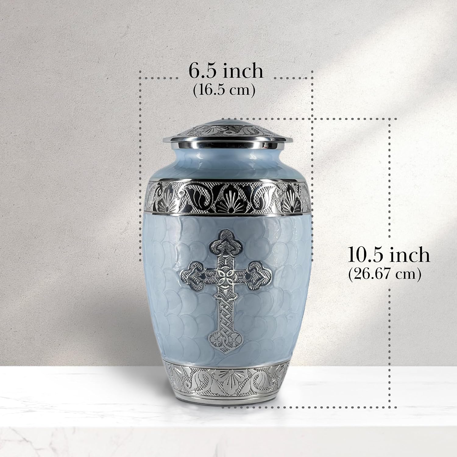 Handcrafted Cross Cremation Urns for Adult Ashes, Decorative Urns for Ashes Adult Male & Female, Funeral Urn, with Velvet Bag - Up to 200 Lbs (Sky Blue, Large)