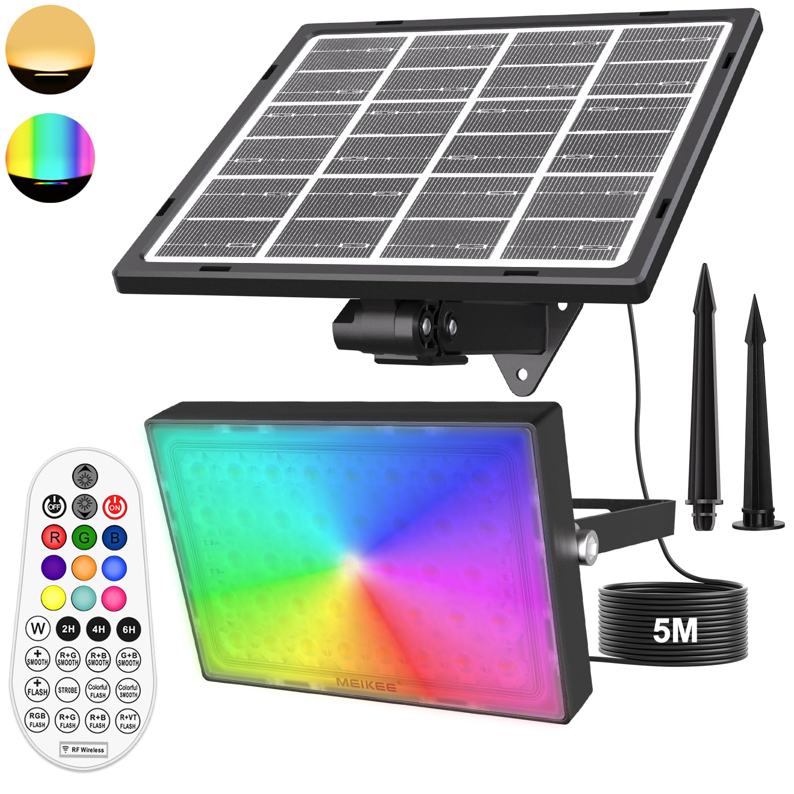 MEIKEE Faro Led Esterno Con Pannello Solare 5000mAh Faretto Led da Esterno Solare con Telecomando IP66 Impermeabile 12 colori Lampade RGB Solari Cambio Colore per Giardino, Patio, Cortile