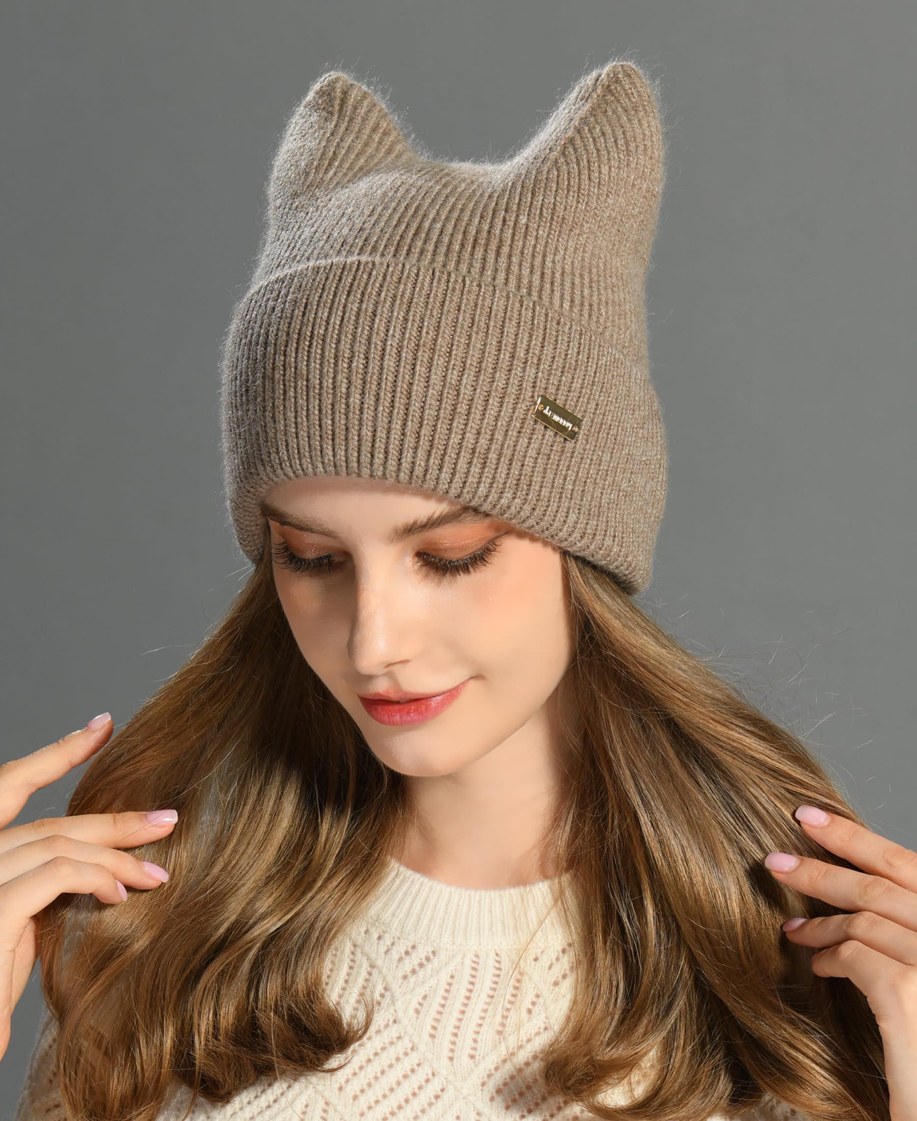 jaxmonoy Winter Cute Cat Ear Knitted Beanie Hats for Women and Men Soft Warm Knit hat Ladies Skull Beanies Cap - Brown