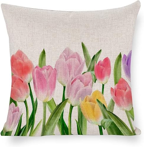 Miniatura 5 de LOHDALOLF Juego de 4 fundas de almohada florales rosas de 18 x 18 pulgadas, fundas de almohada de mariposa de tulipán, fundas de cojín decorativas