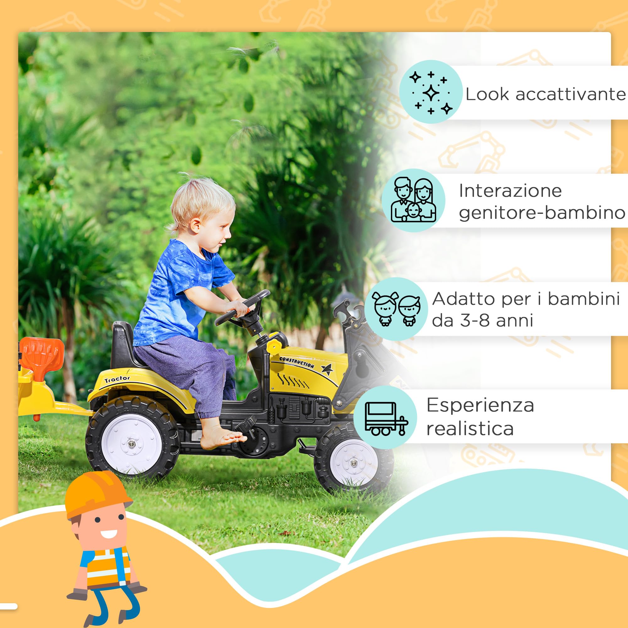 HOMCOM Escavatore Cavalcabile per Bambini da 3 Anni con Ruspa Frontale e Rimorchio Rimovibile, Trattore a Pedali per Bambini con 6 Ruote, Giallo