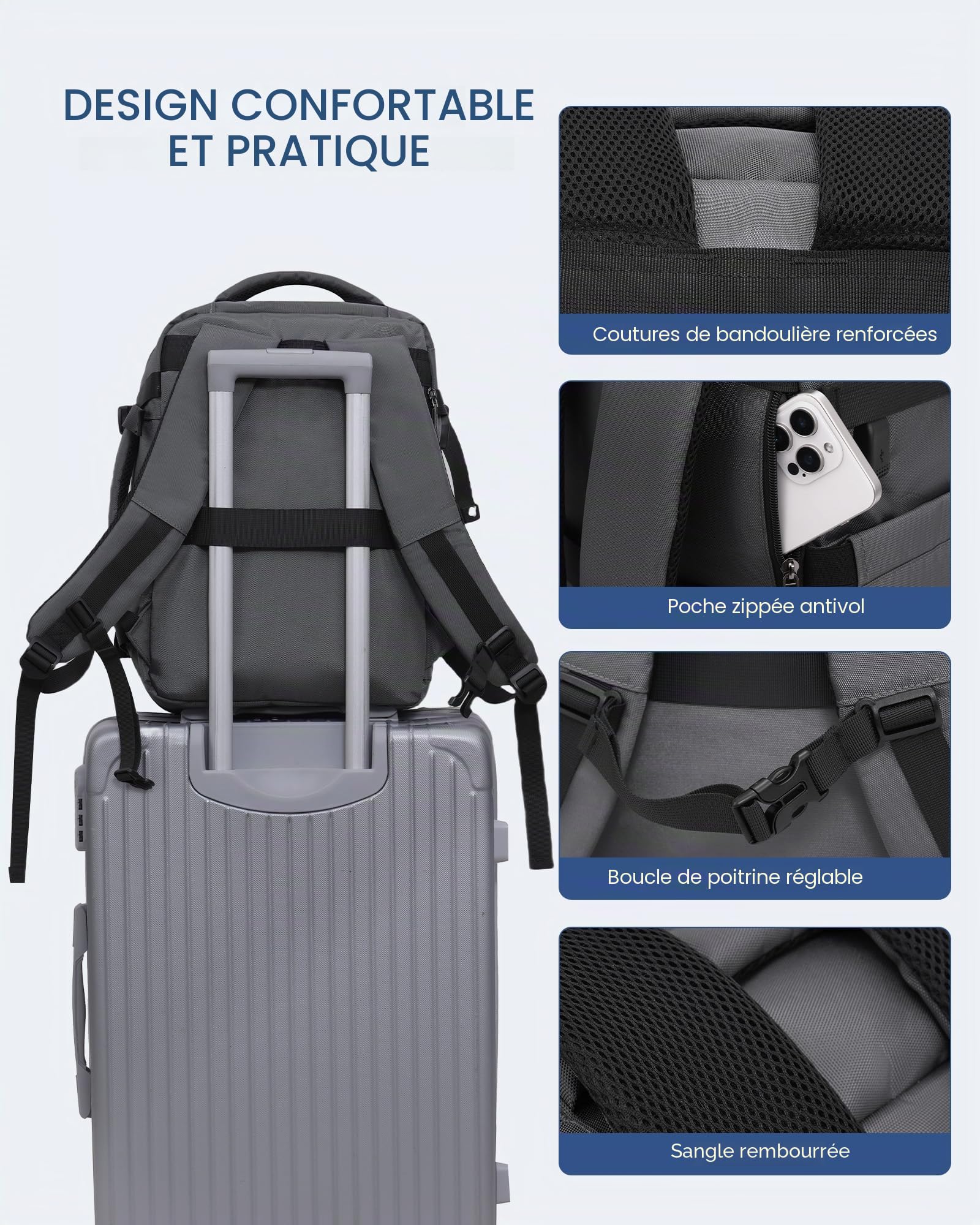 LOVEVOOK Sac a Dos Voyage Avion 40x30x20, Bagages Cabine, Bagage à Main Valise 24L, Port USB, Femme Homme, Ordinateur Portable 14 Pouces, Travail, Affaires, Gris