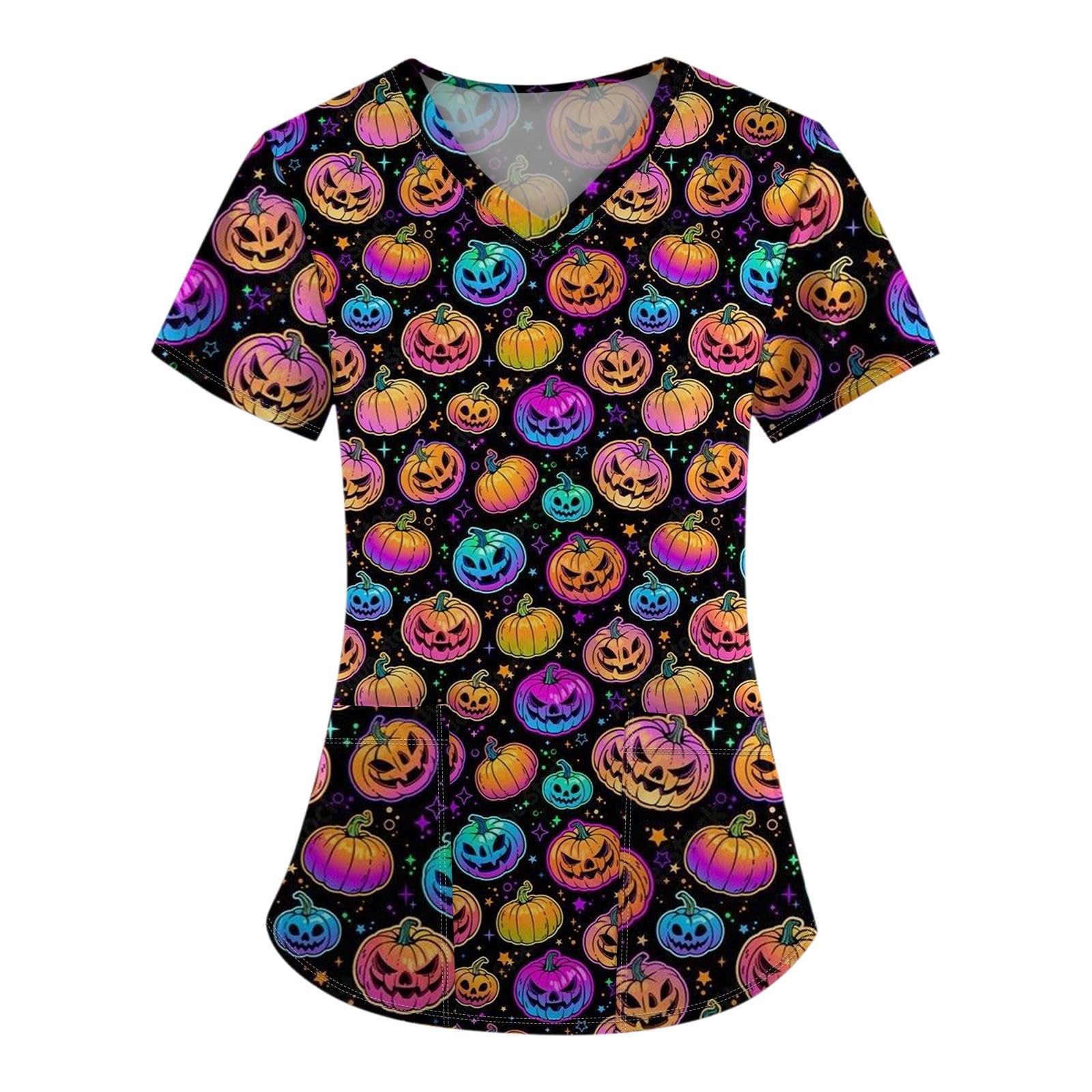 Womens Halloween Printed Scrub Tops Holiday Short Sleeve Plus Size Patterned V Neck Nursing Uniform Scrubs